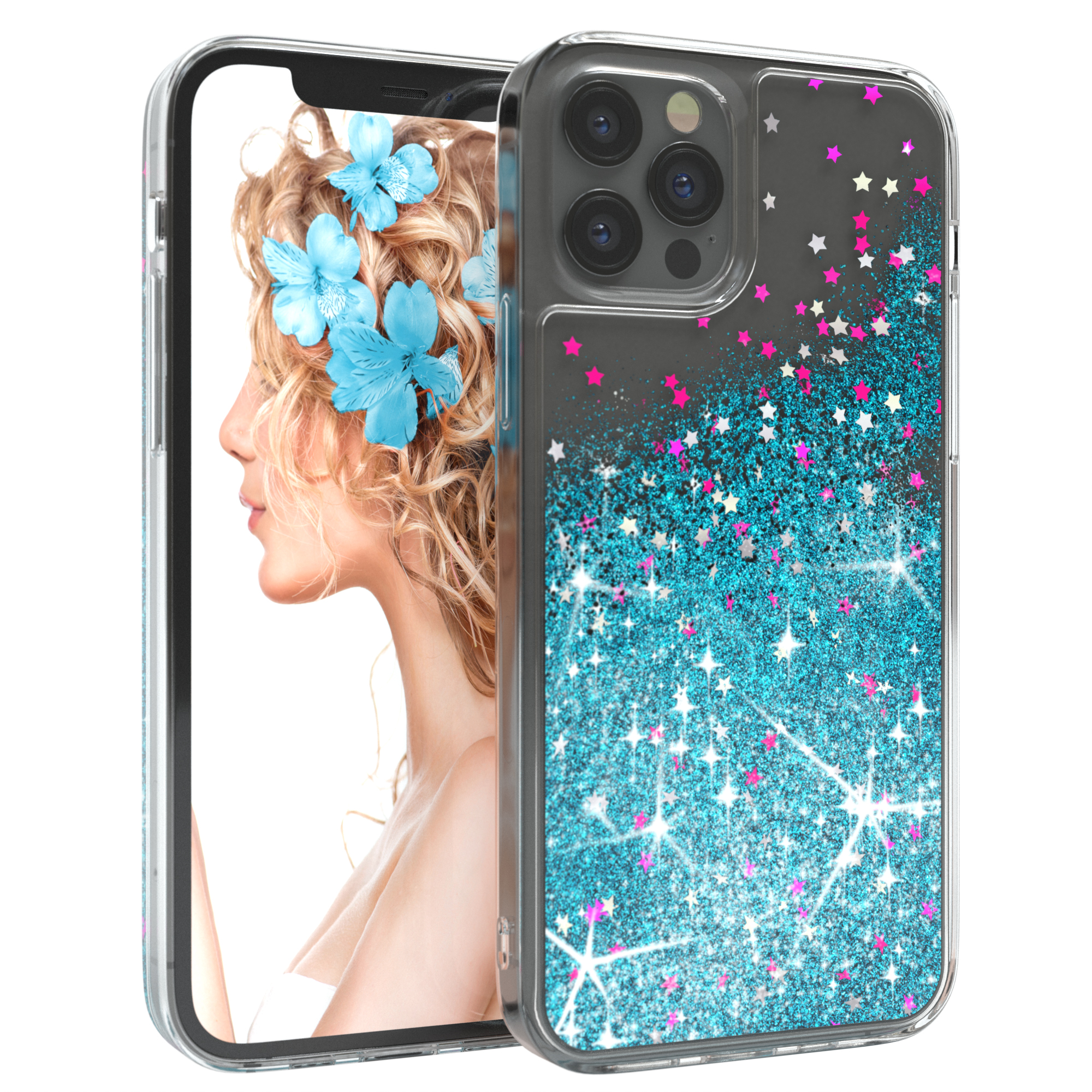 Handyhülle mit Frauenporträt und blauem Glitzer, weißer Hintergrund.