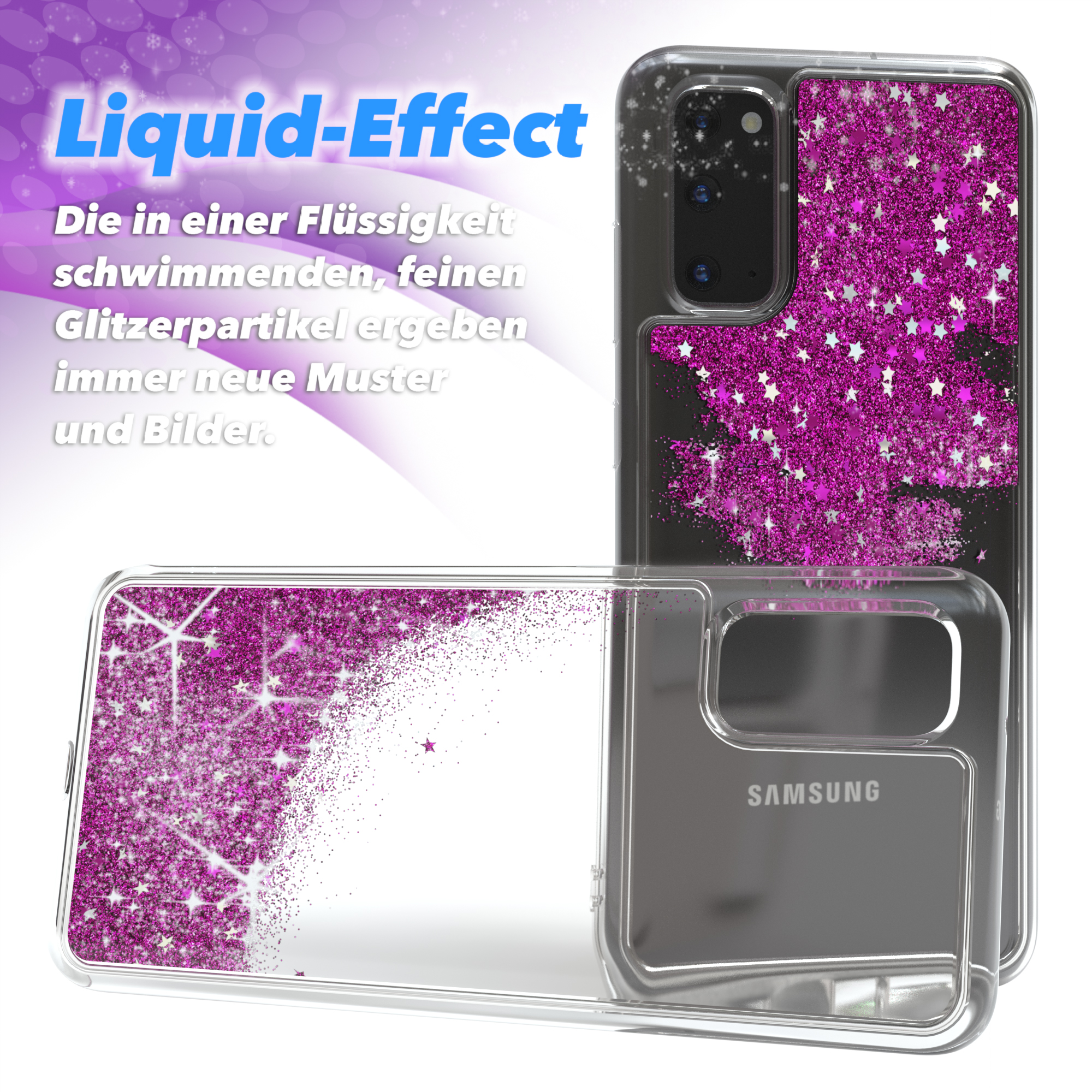 Transparente Handyhülle mit rosa Glitzerdesign und Telefon auf weißem Hintergrund.