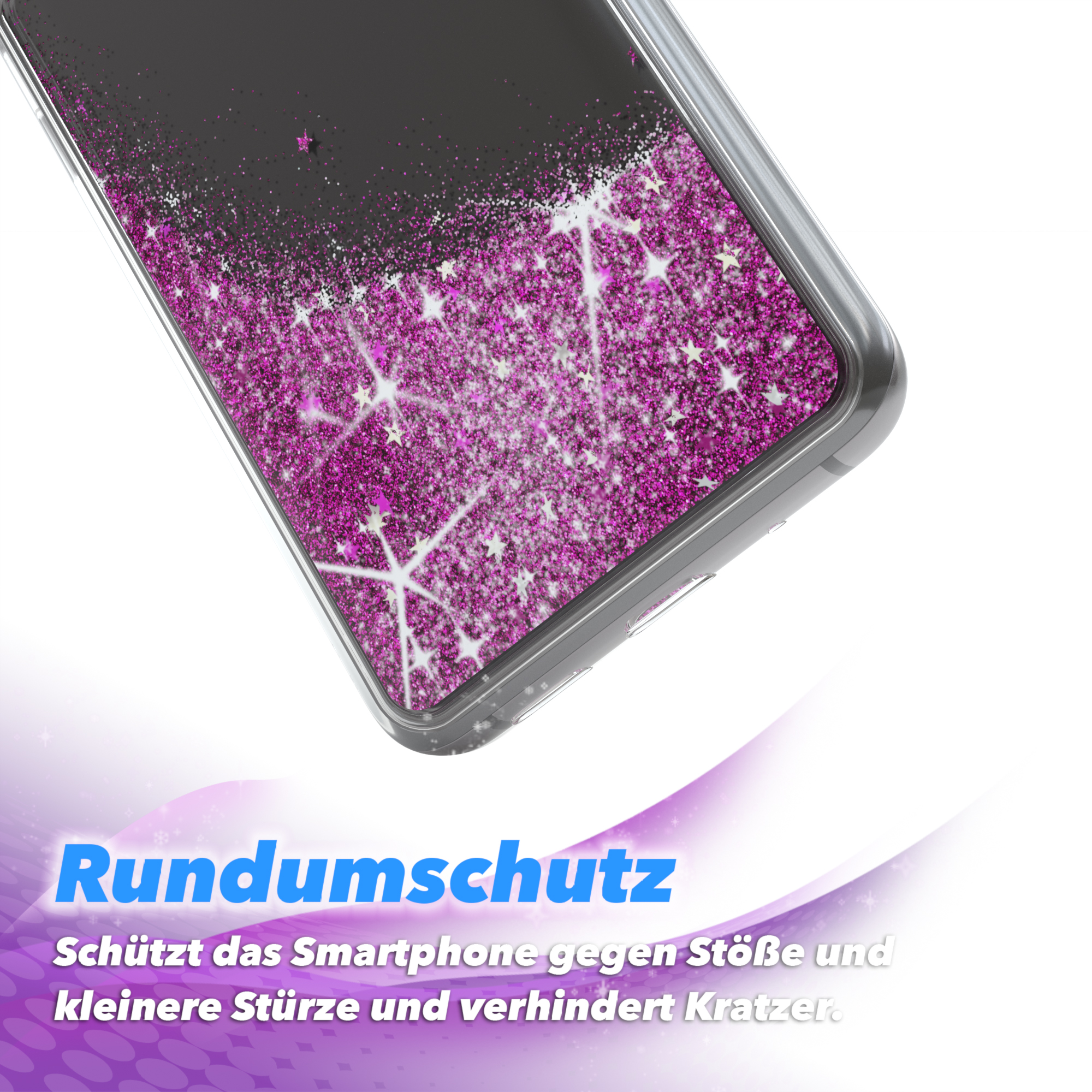 Handyhülle mit Flüssigkeitseffekt, rosa Glitzer und Sternen. Text: Rundumschutz. Schützt das Smartphone.