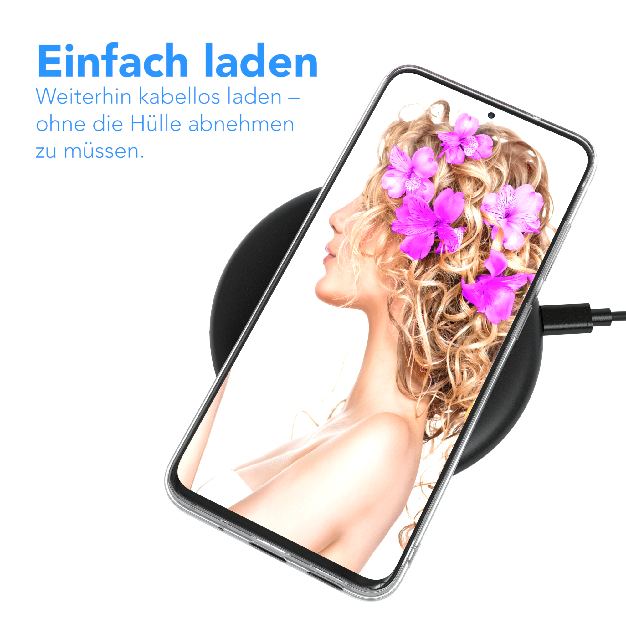 Telefon auf kabellosem Ladegerät, Frau mit Blumenkrone, Text über einfaches Laden.