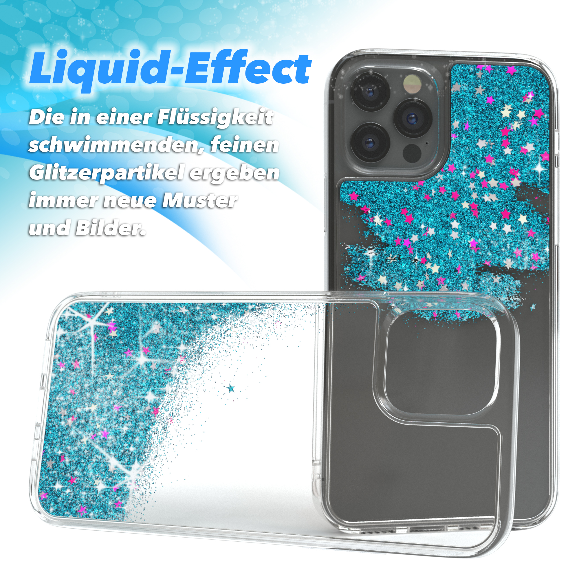 Zwei Handyhüllen mit blauem Glitzer-Flüssigkeitseffekt. Eine offen, eine geschlossen. Blaue und pinke Sterne.