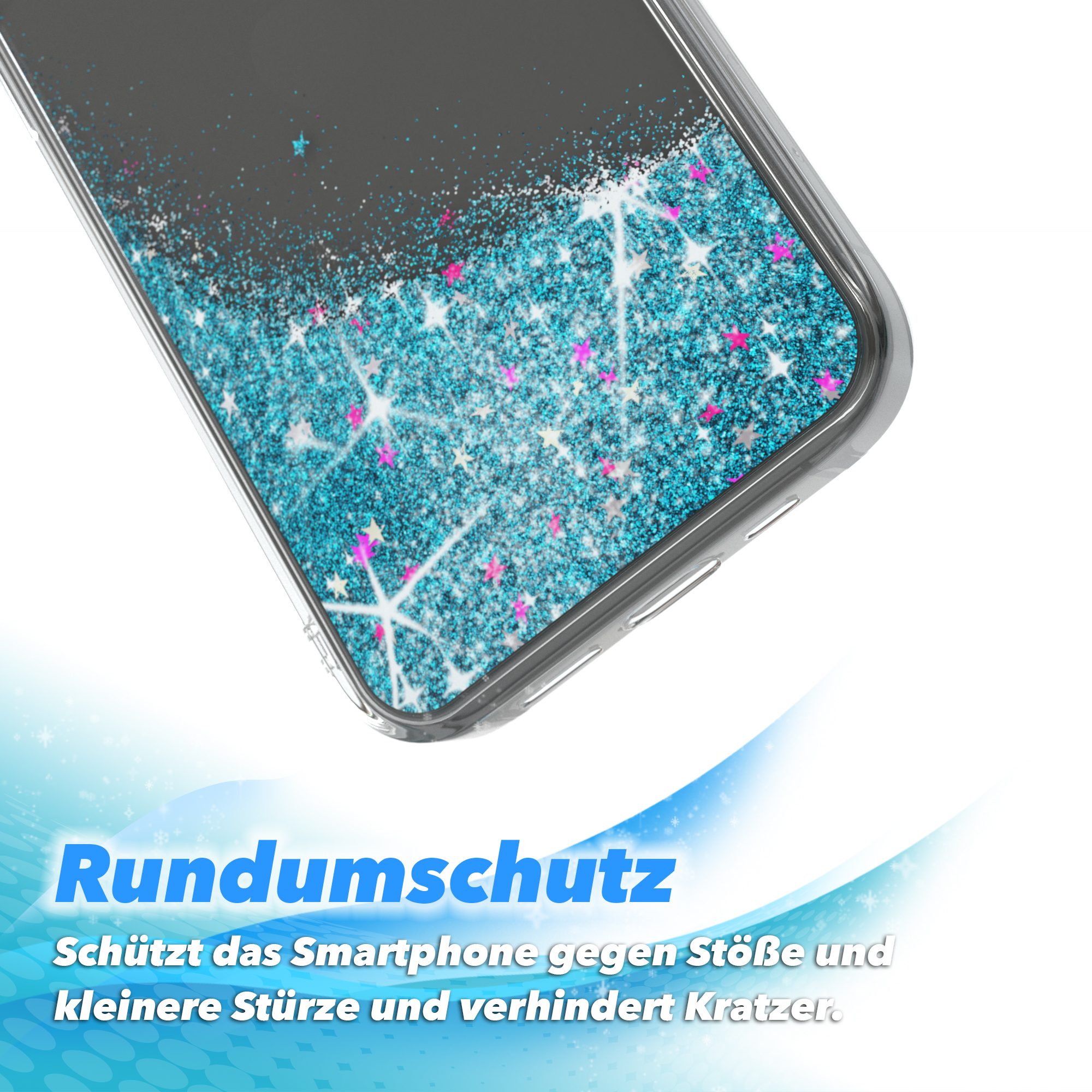 Eine Handyhülle mit einem glitzernden blauen Design. Es hat einen klaren Rand.