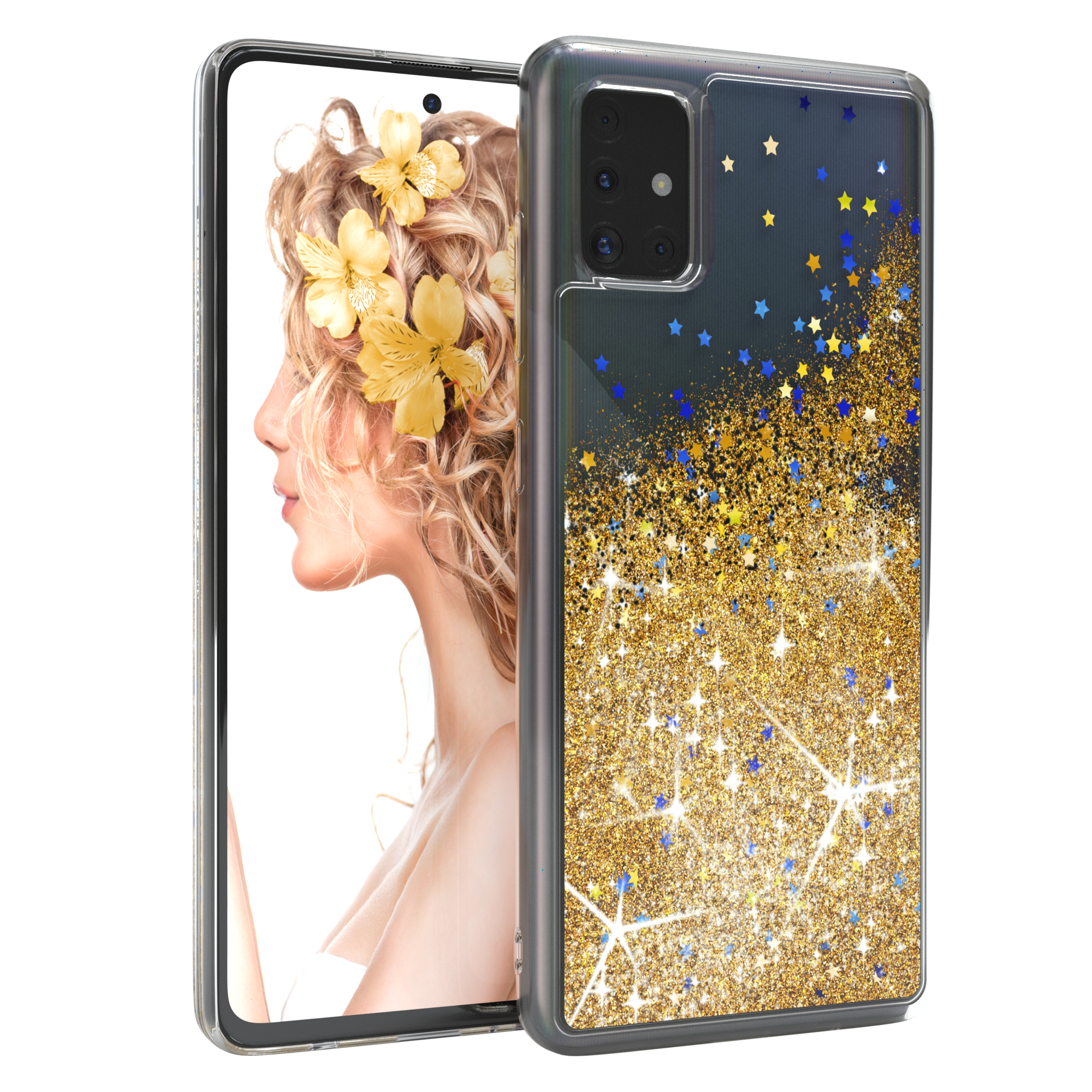 Handyhülle mit Frauenbild, Goldglitter und Sternen.