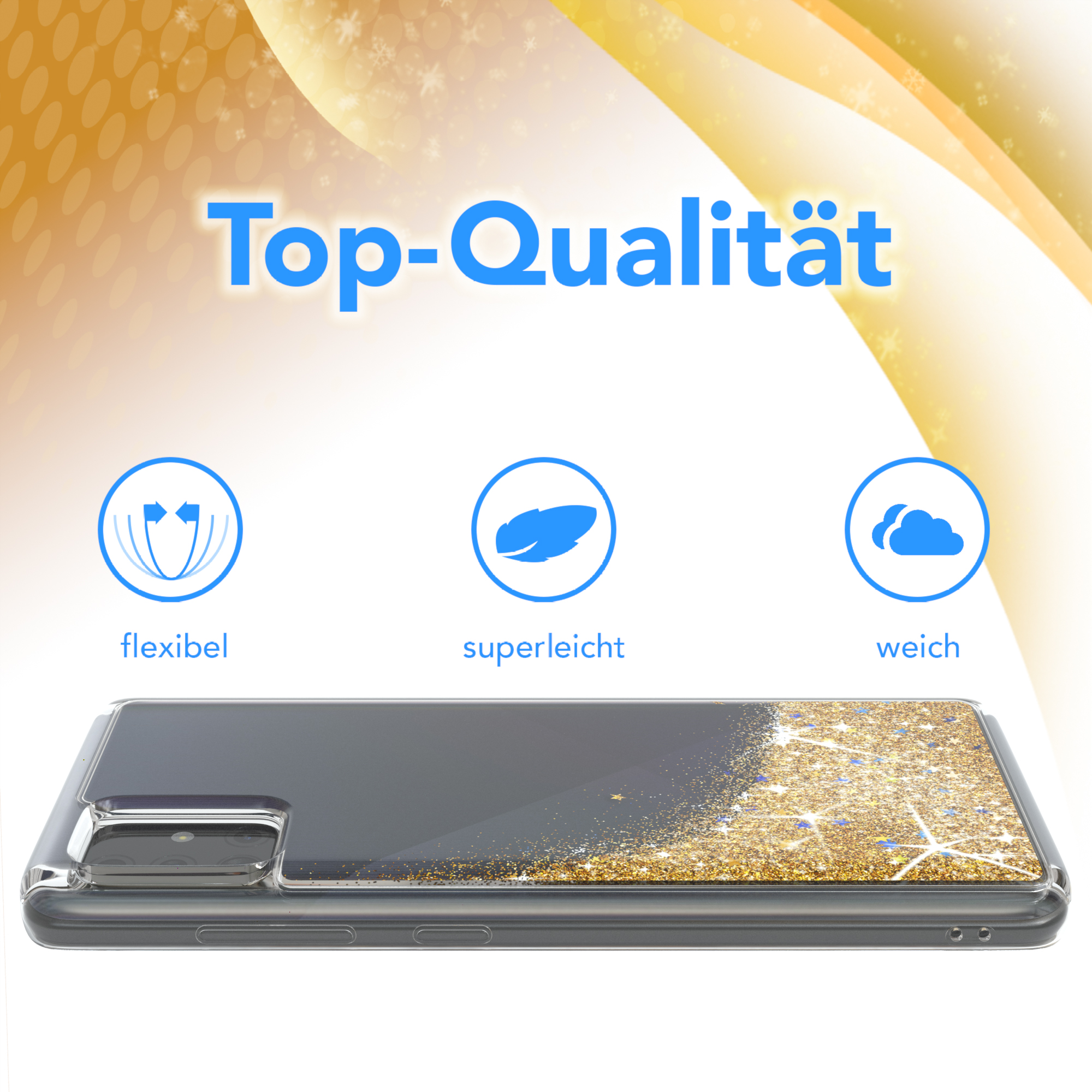 Handyhülle mit goldenem Glitzer-Design. Text: Top-Qualität. Icons: flexibel, superleicht, weich.