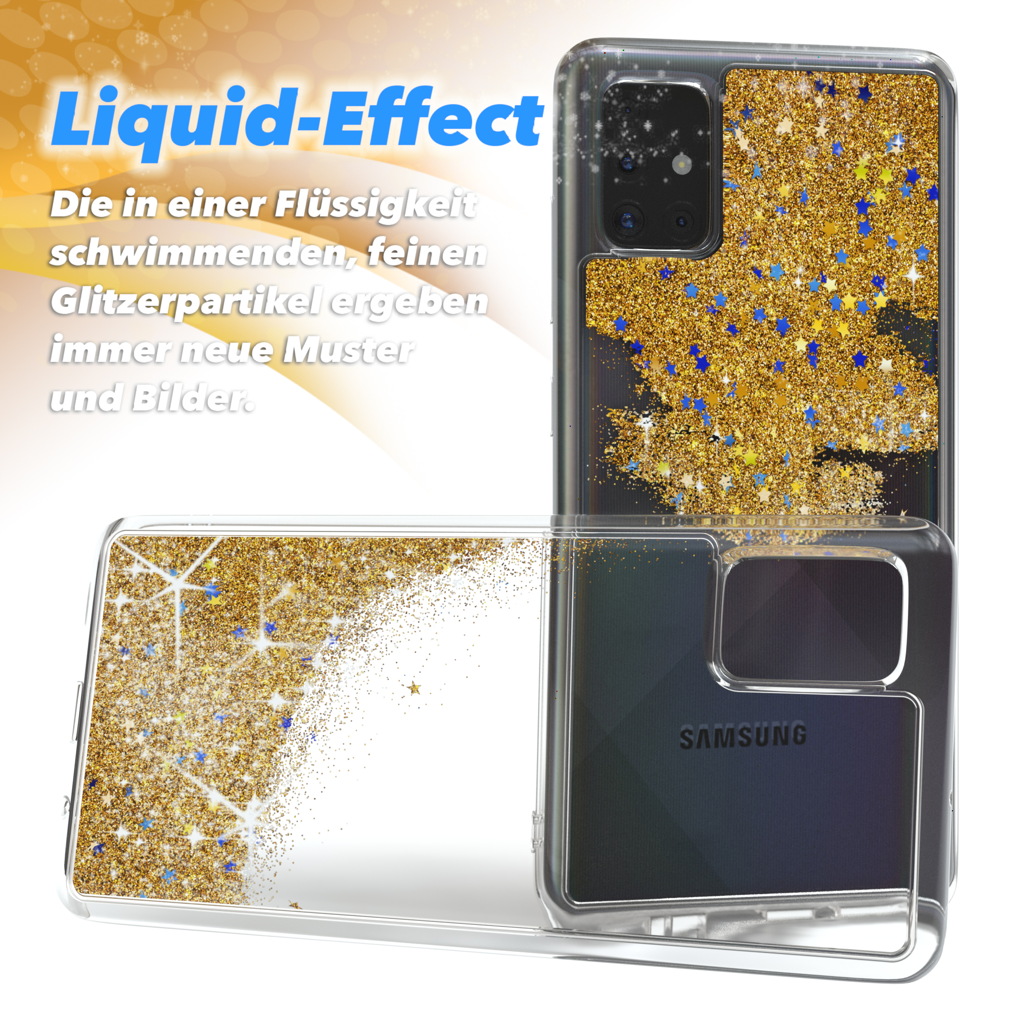 Handyhülle mit Flüssigkeitseffekt und Goldglitter. Text: Glitzerpartikel erzeugen neue Muster. Samsung-Telefon.