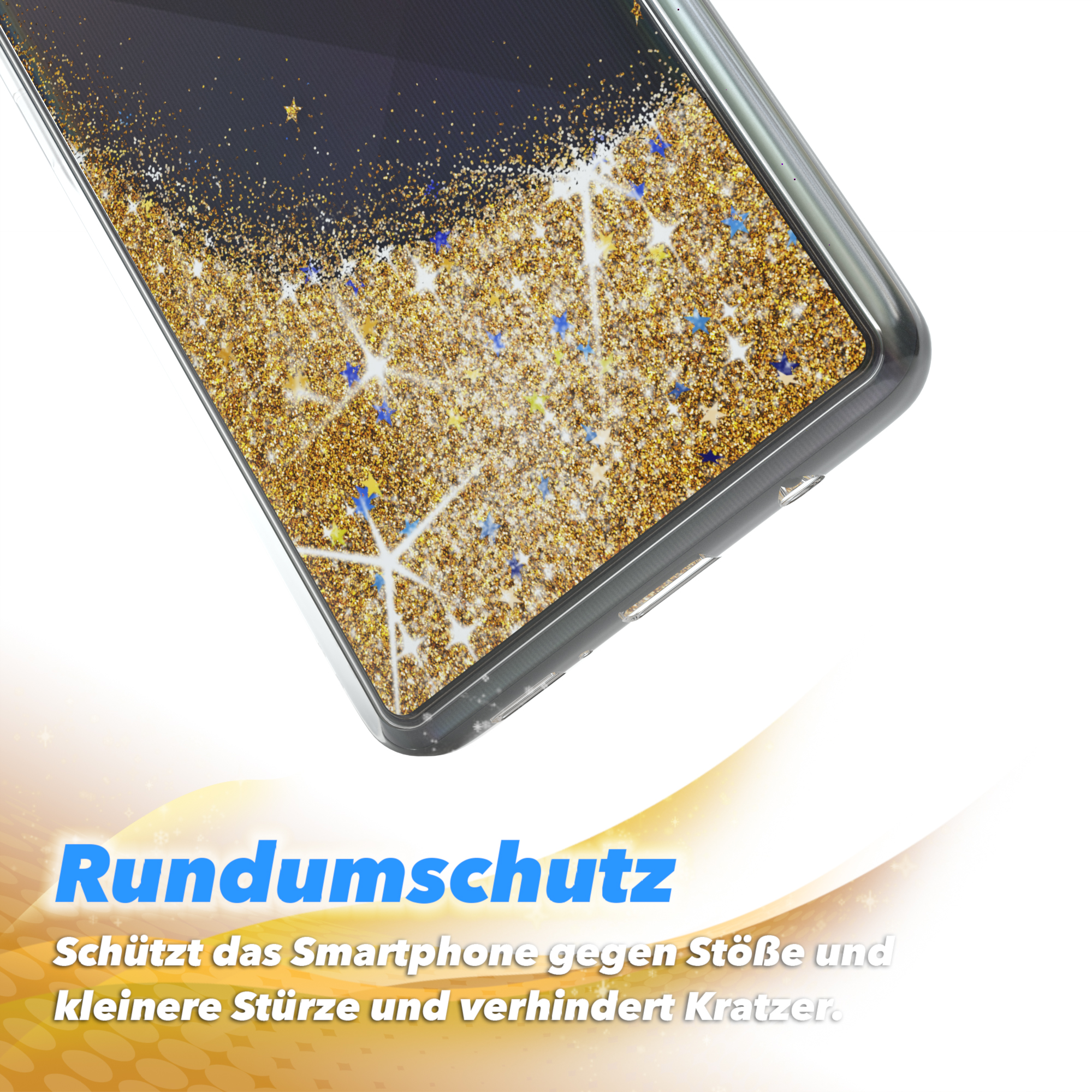 Eine Handyhülle mit Glitzer- und Sterndesign, mit weißem Hintergrund.