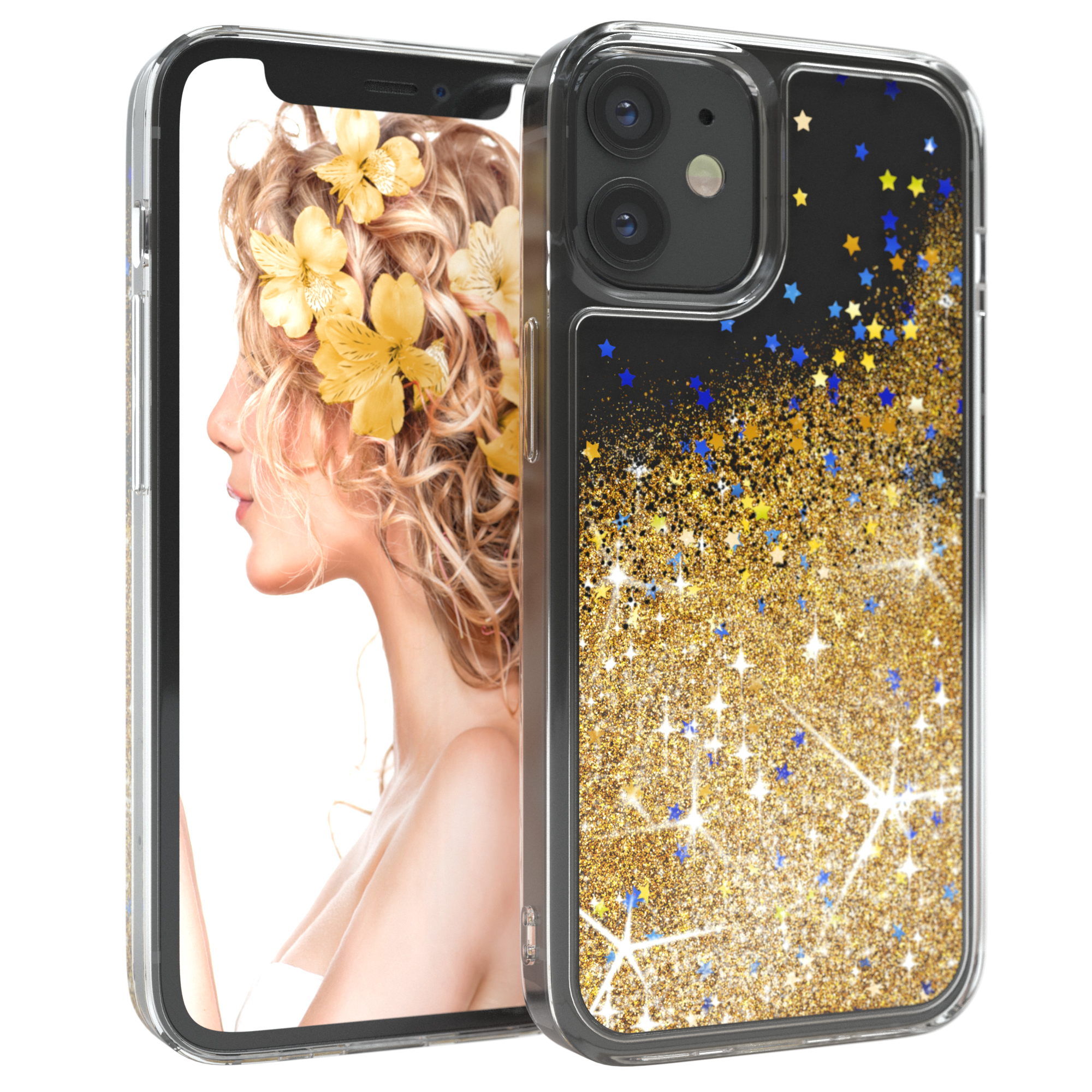 Transparente Handyhülle mit goldenem Glitzerdesign und Frauengesicht. Weißer Hintergrund.