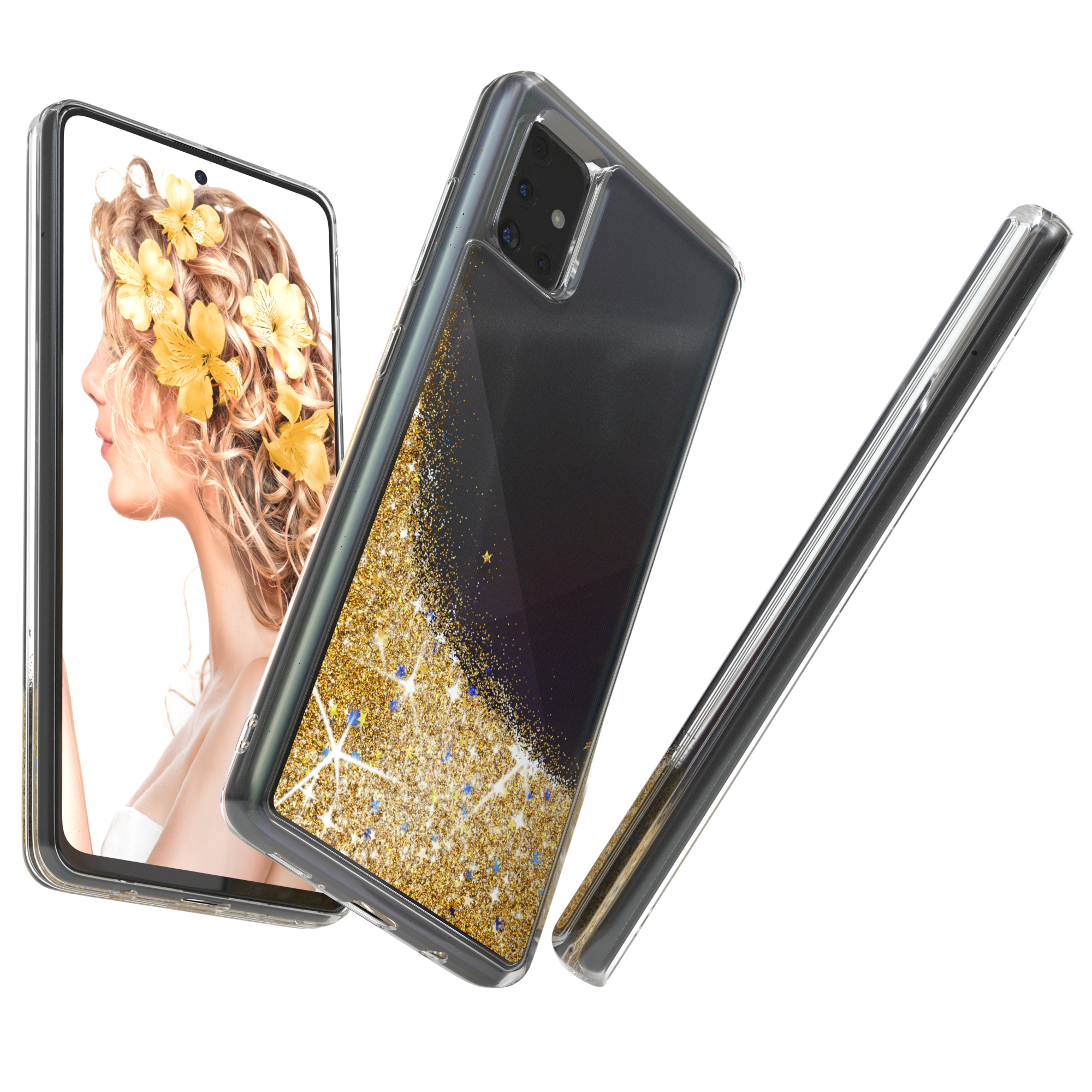 Handyhülle mit Goldglitter, ein Telefon und das Bild einer Frau. Eine Hülle schwebt. Weißer Hintergrund.