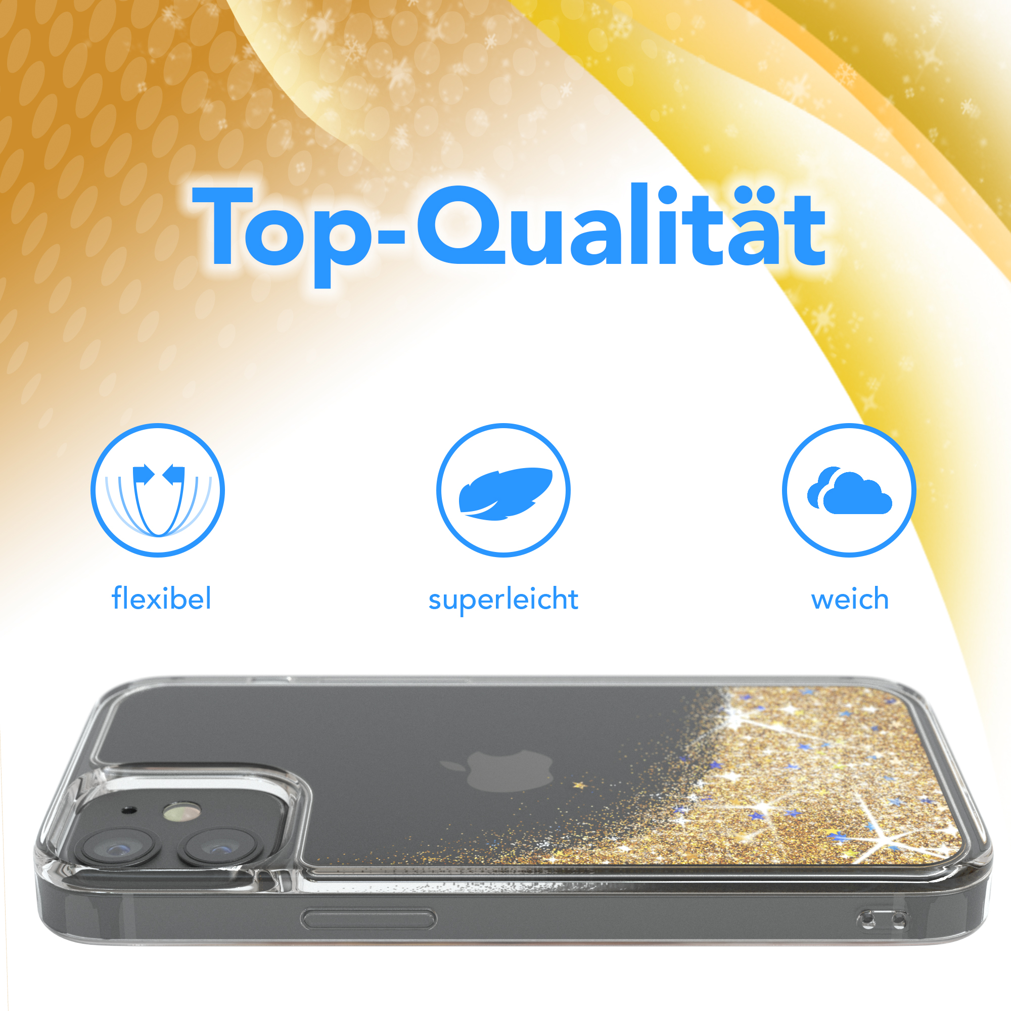 Handyhülle mit Glitzerdesign auf weiß-goldenen Hintergrund. Text: Top-Qualität. Icons: flexibel, superleicht, weich.