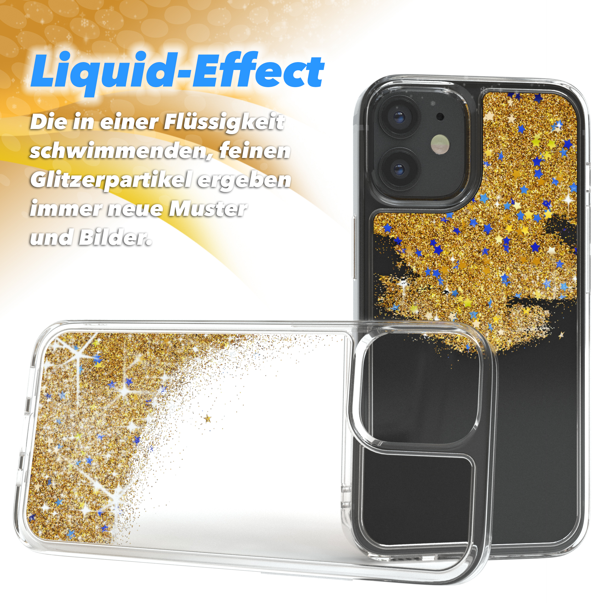 Transparente Handyhülle mit Glitzer und Sternen, flüssigkeitsgefüllt, mit geöffnetem Case.