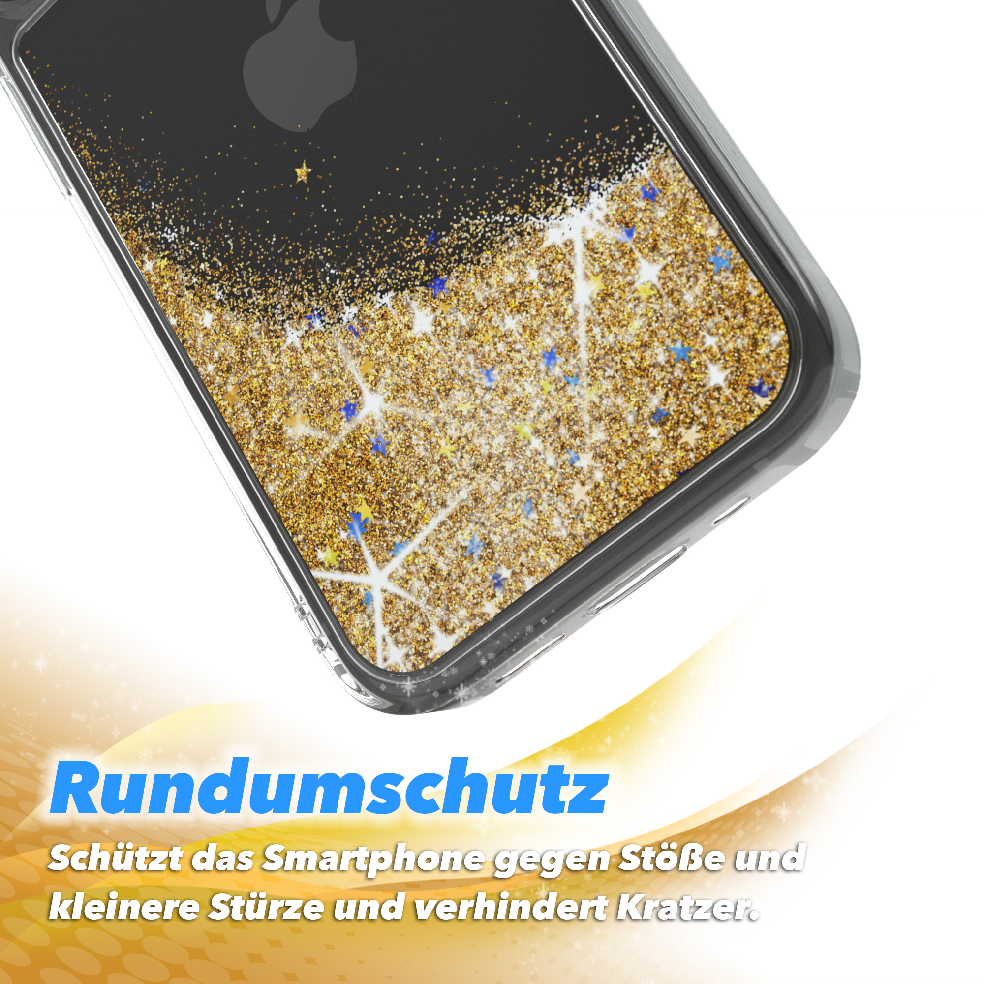 Eine Handyhülle mit goldenem Glitzer. Die Handyhülle schützt das Telefon.