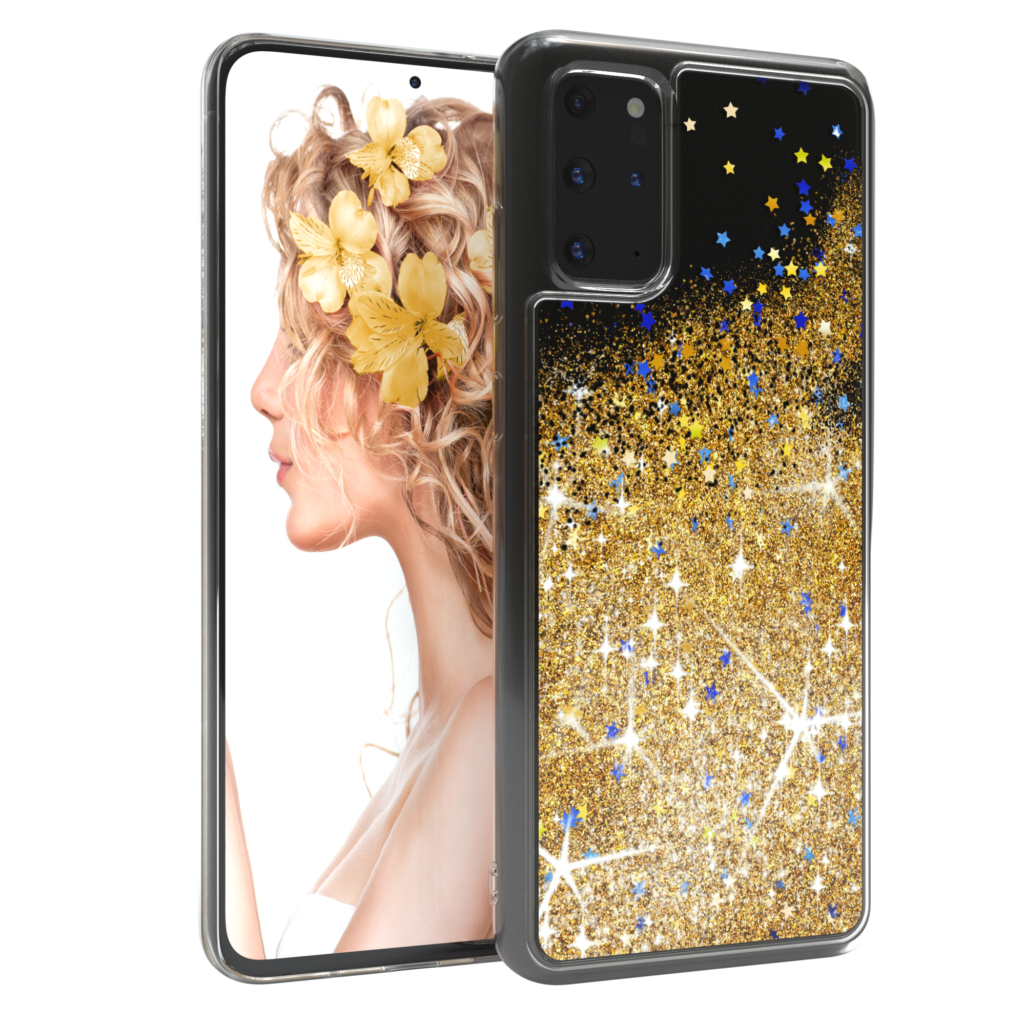 Telefon in klarer Hülle mit Gold- und Blauglitzer und einer Frau mit gelben Blumen.