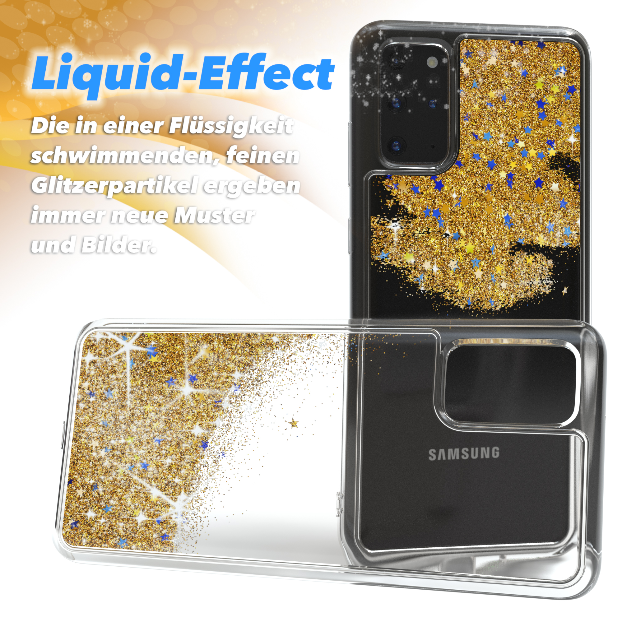 Handyhülle mit Goldglitzer-Liquid-Effekt. Text: Liquid-Effect und Beschreibung des Designs.