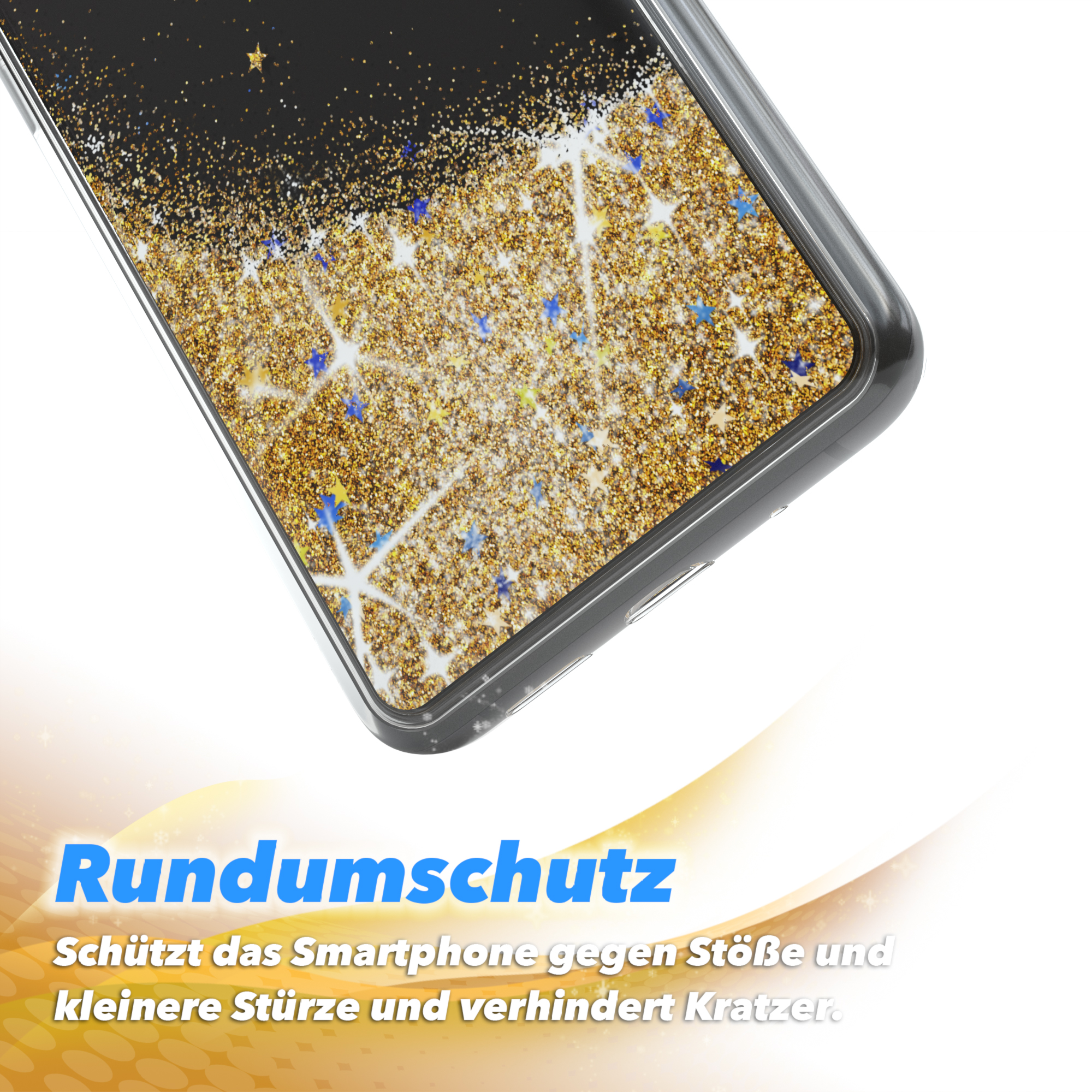 Nahaufnahme einer Handyhülle mit goldenem Glitzer und blauen Sternen auf Schwarz. Weißer Hintergrund.