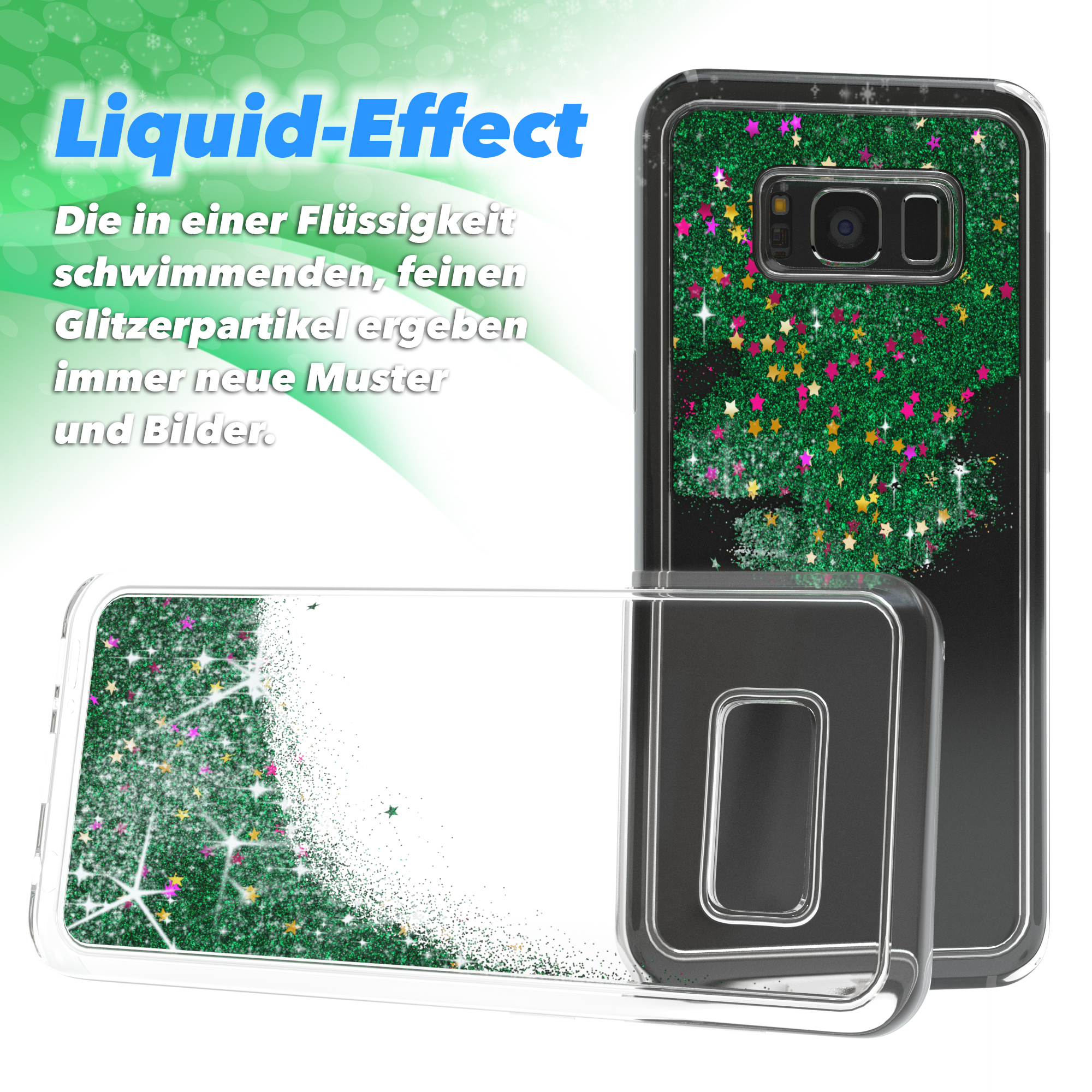 Handyhülle mit Flüssigkeitseffekt. Grüne Sterne und Glitzer. Hülle offen, Telefon wird gezeigt.