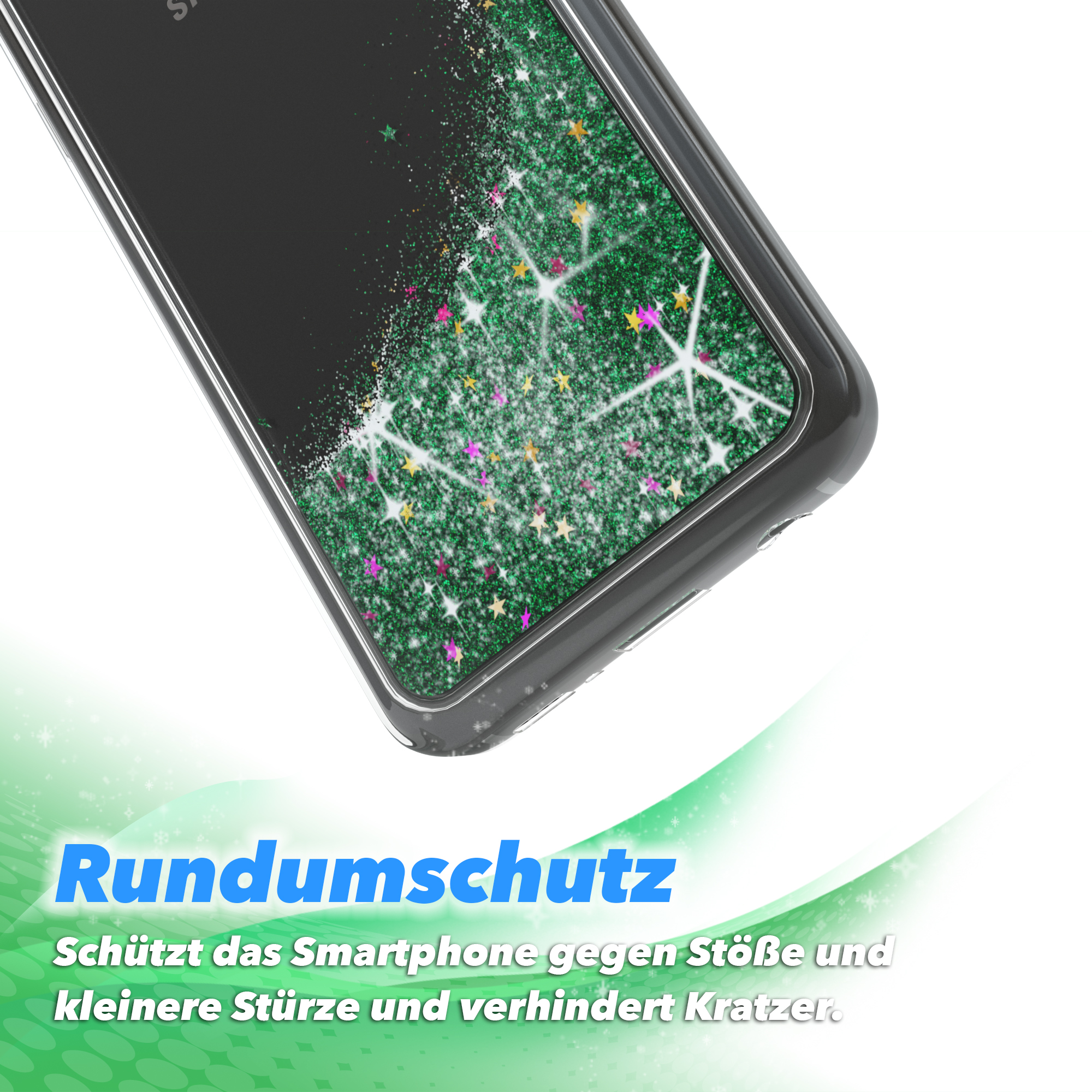 Smartphone-Hülle mit grünem Glitzer, Sternen und einem Schutzdesign.
