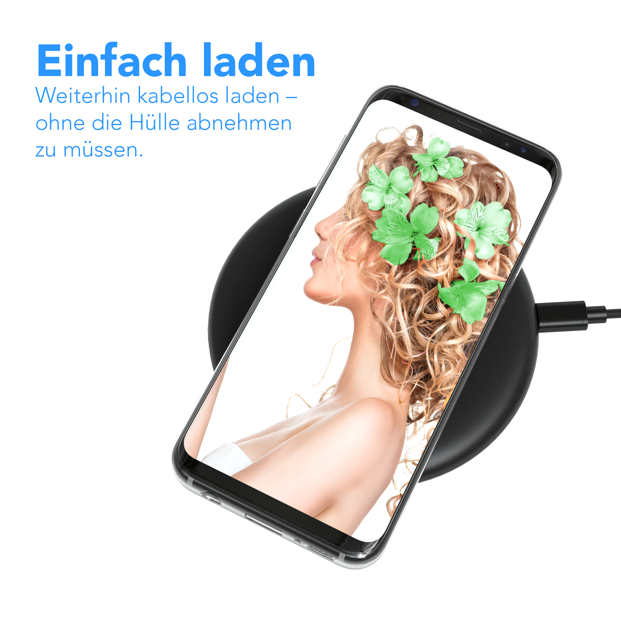 Telefon auf kabellosem Ladegerät, Bild auf dem Bildschirm zeigt eine Frau mit Blumen.