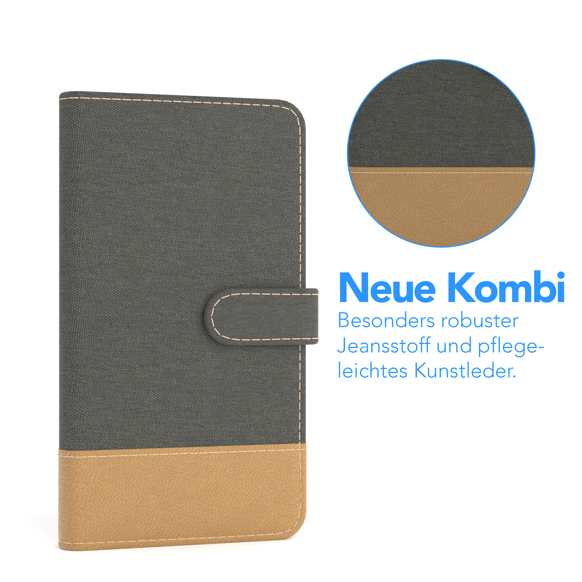Graue und beige Handyhülle aus Denim und Kunstleder, mit Kreisdetail.