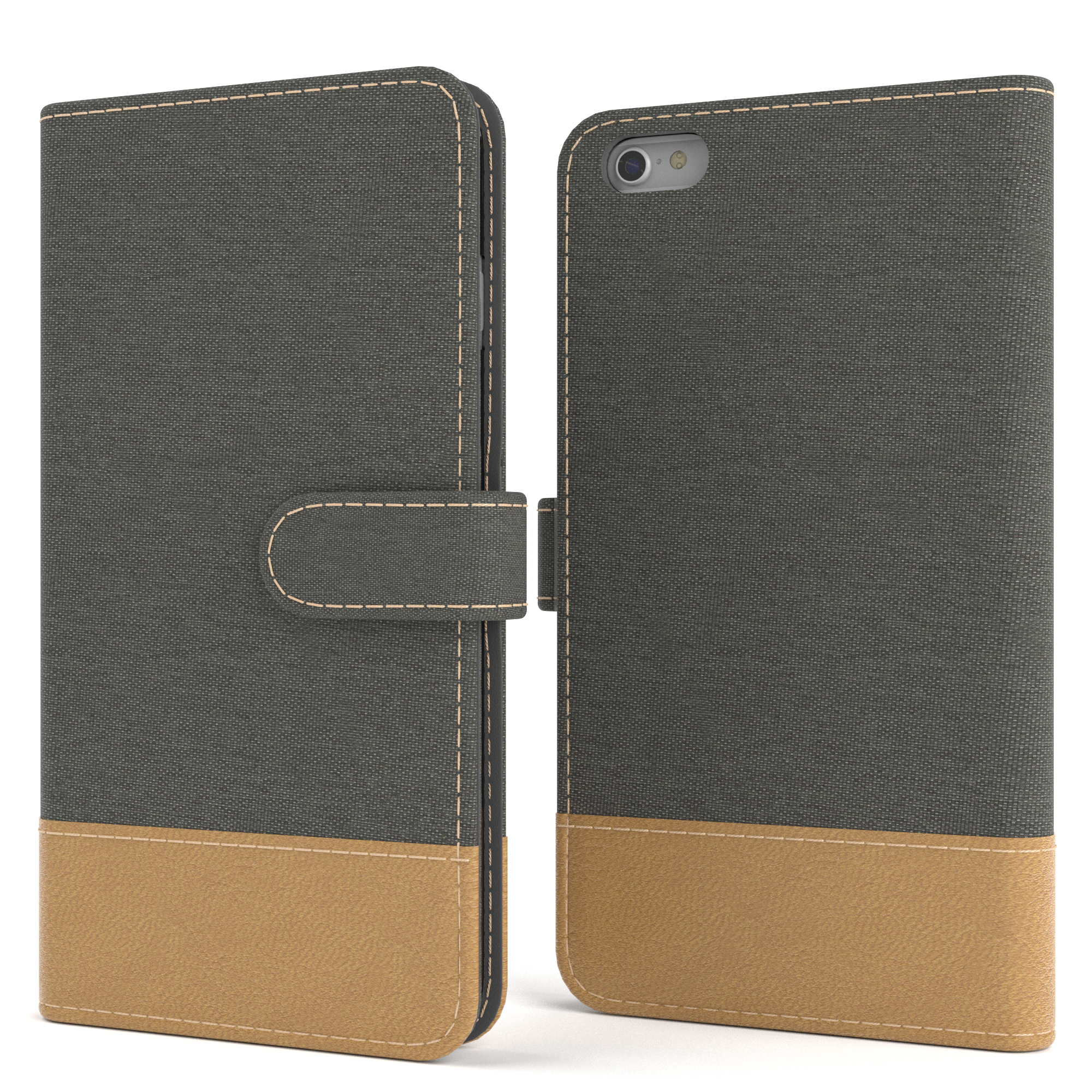 Graue und beige Handyhülle, offen. Ein Telefon ist sichtbar. Auf weißer Oberfläche.