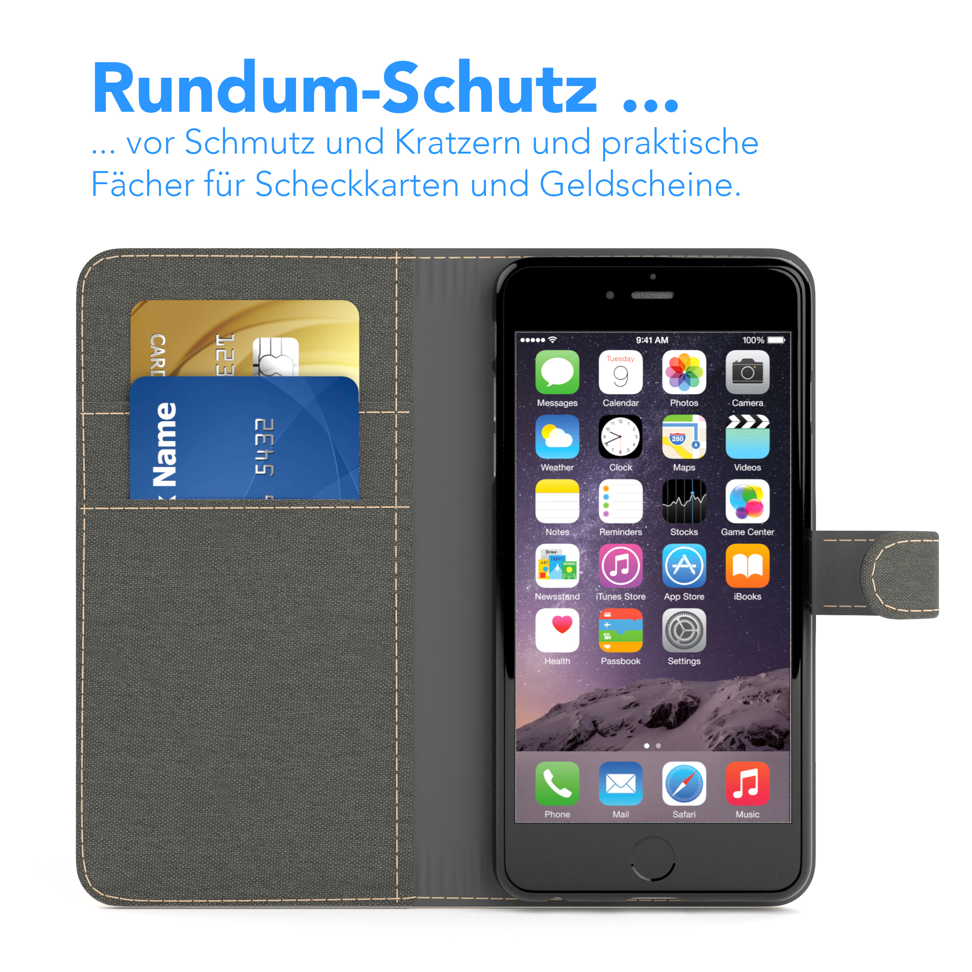 Telefon in grauem Etui, mit Kreditkartenfächern. Telefon zeigt App-Symbole.