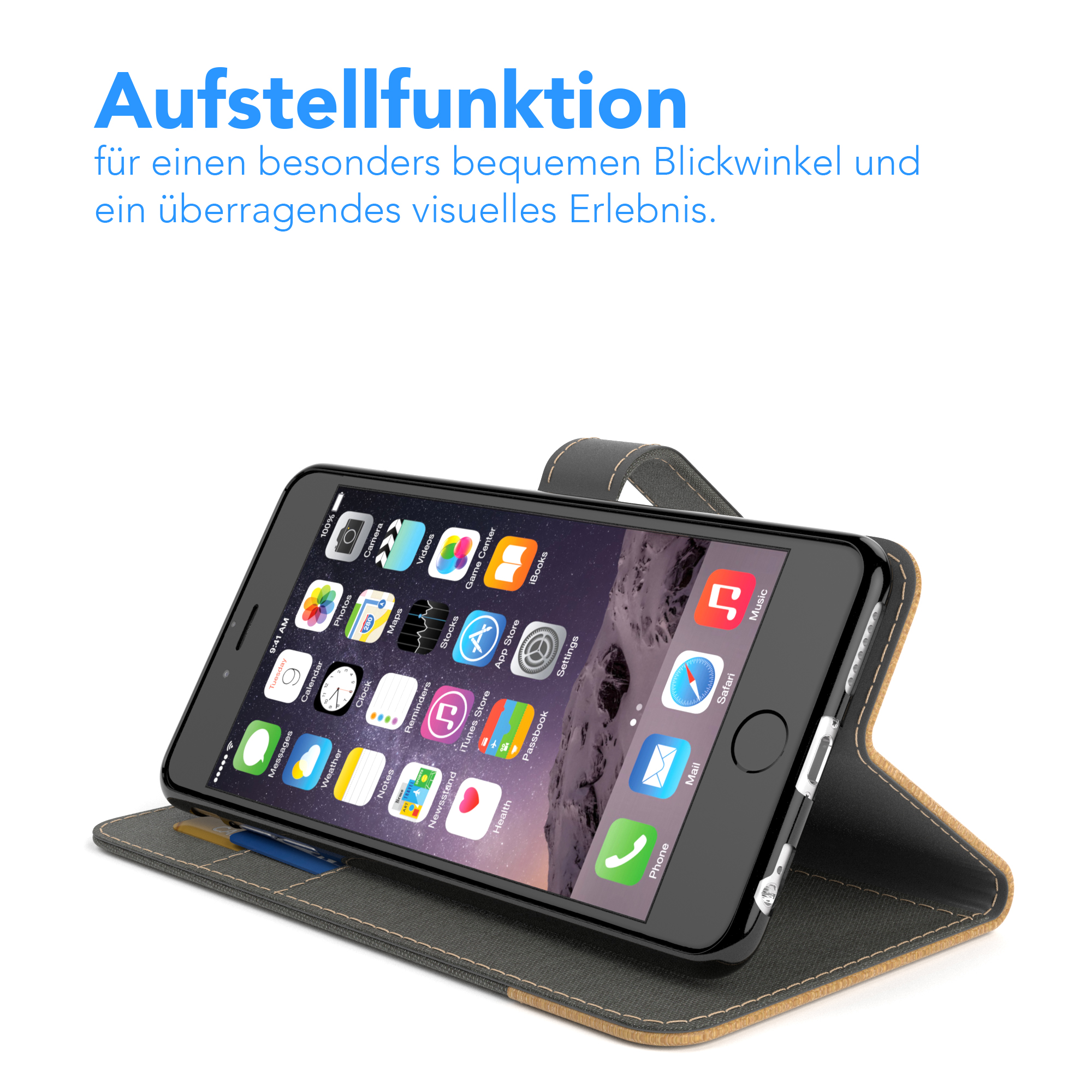 Telefon in einer Hülle, aufgestellt. Text: Aufstellfunktion für einen angenehmen Blickwinkel.