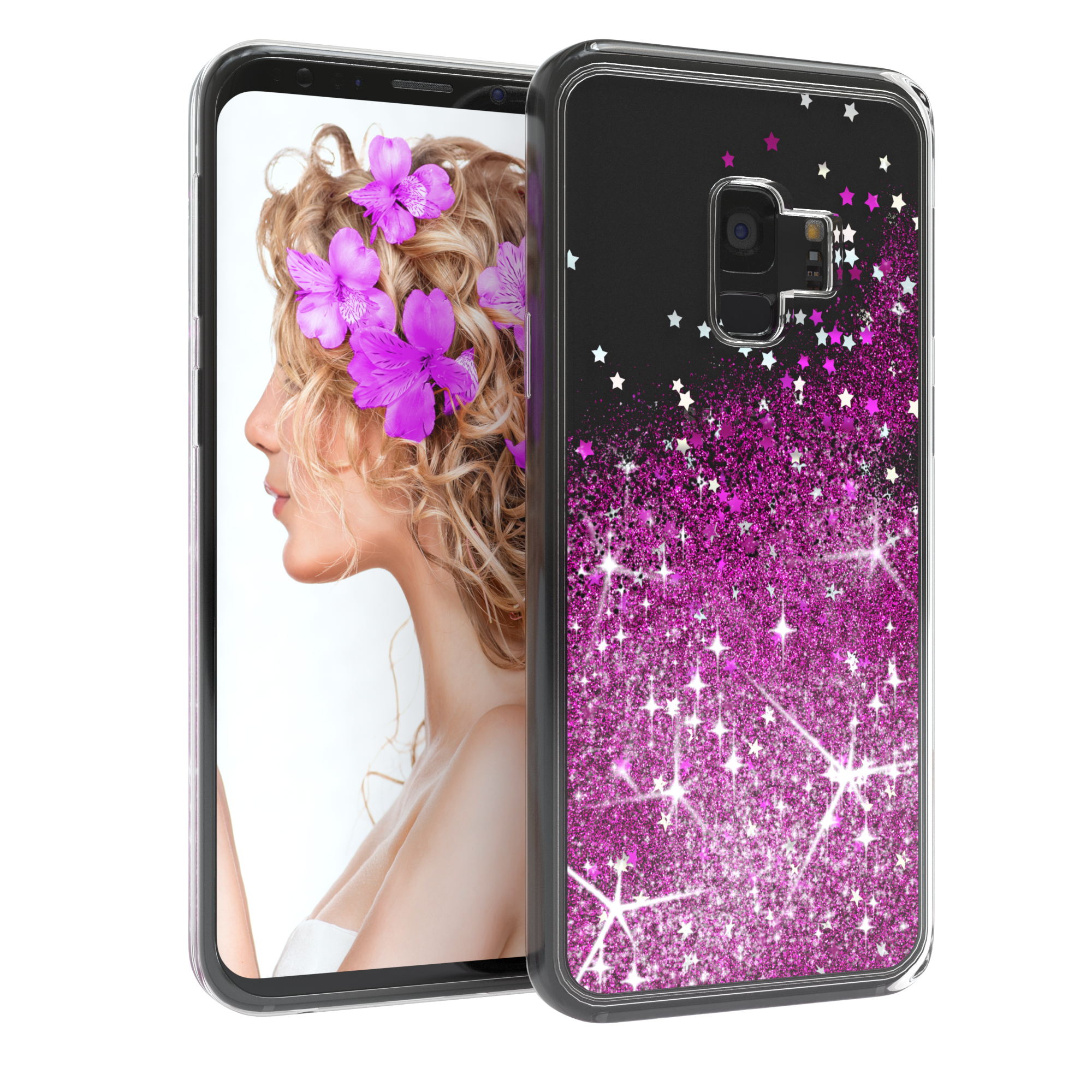 Transparente Handyhülle mit rosa Glitzerdesign auf der Rückseite. Eine Frau mit Blumen ist auf dem Telefon.