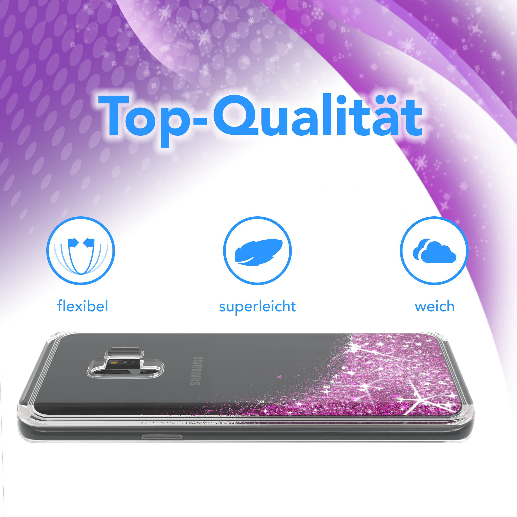 Eine transparente Handyhülle mit pinkfarbenem Glitzer. Samsung-Telefon in der Hülle mit weiß-violettem Hintergrund.