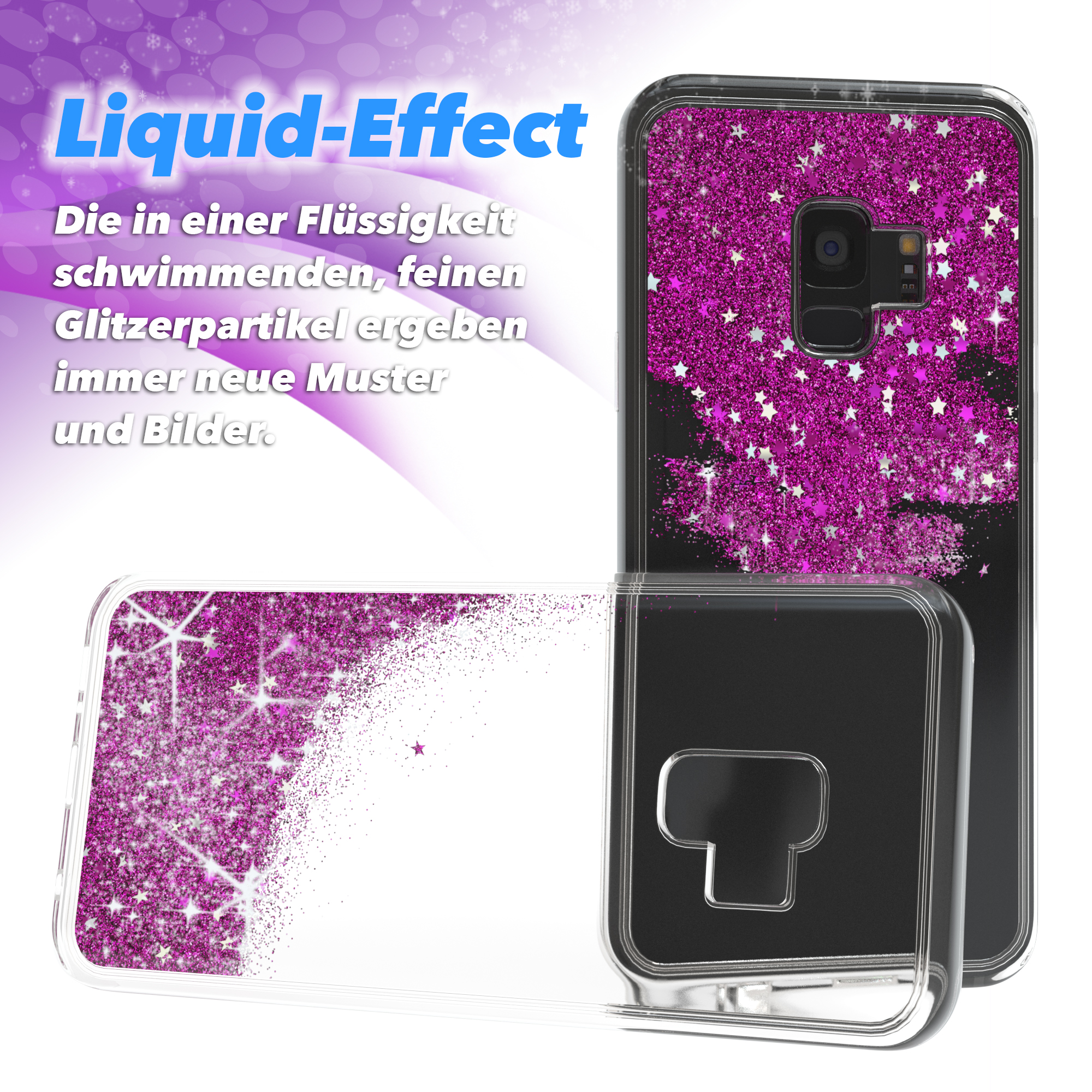 Handyhülle mit Flüssigkeitsglitzer und Sternen, mit Text.