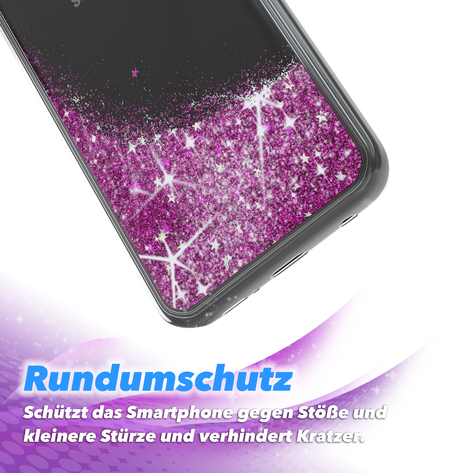 Nahaufnahme der Handyhülle mit rosa Glitzer und Sternen.