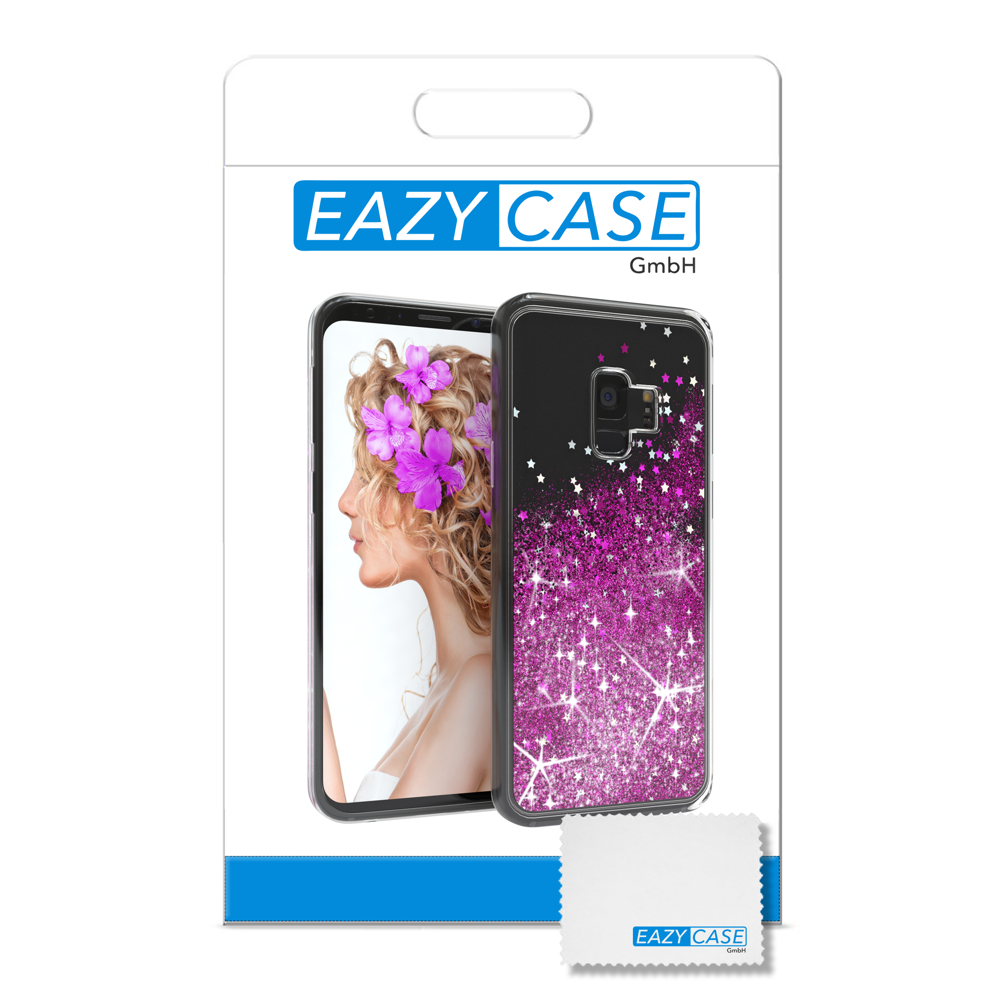 Telefonhüllenverpackung mit Telefon und Frauenkopf links, pinkfarbenem Glitzer rechts.