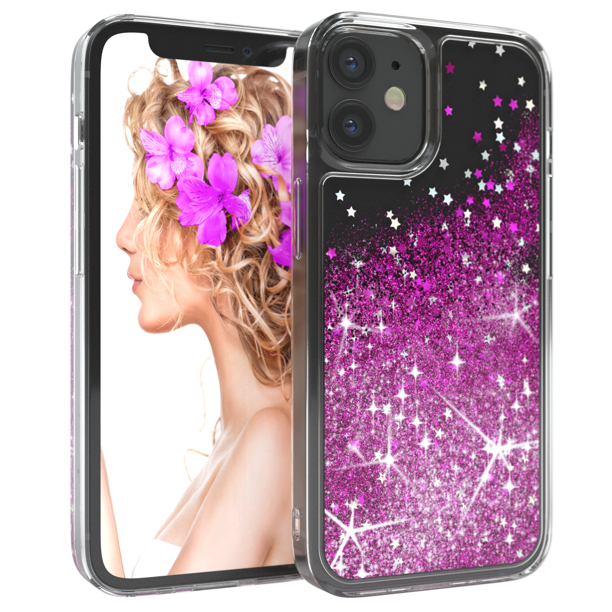 Eine Handyhülle mit einer Frau mit Blumen im Haar. Rosa Glitzer-Design.