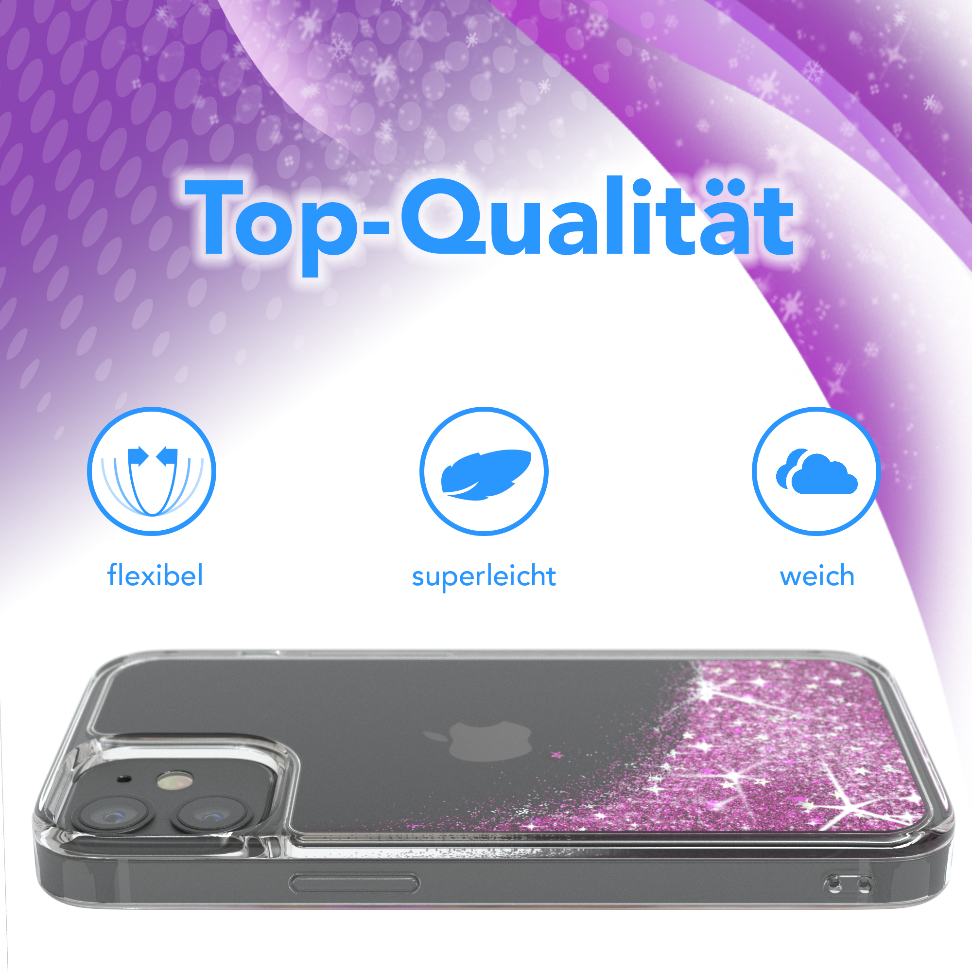 Handyhülle mit transparentem Rahmen und lila Glitzerdesign, Text "Top-Qualität".