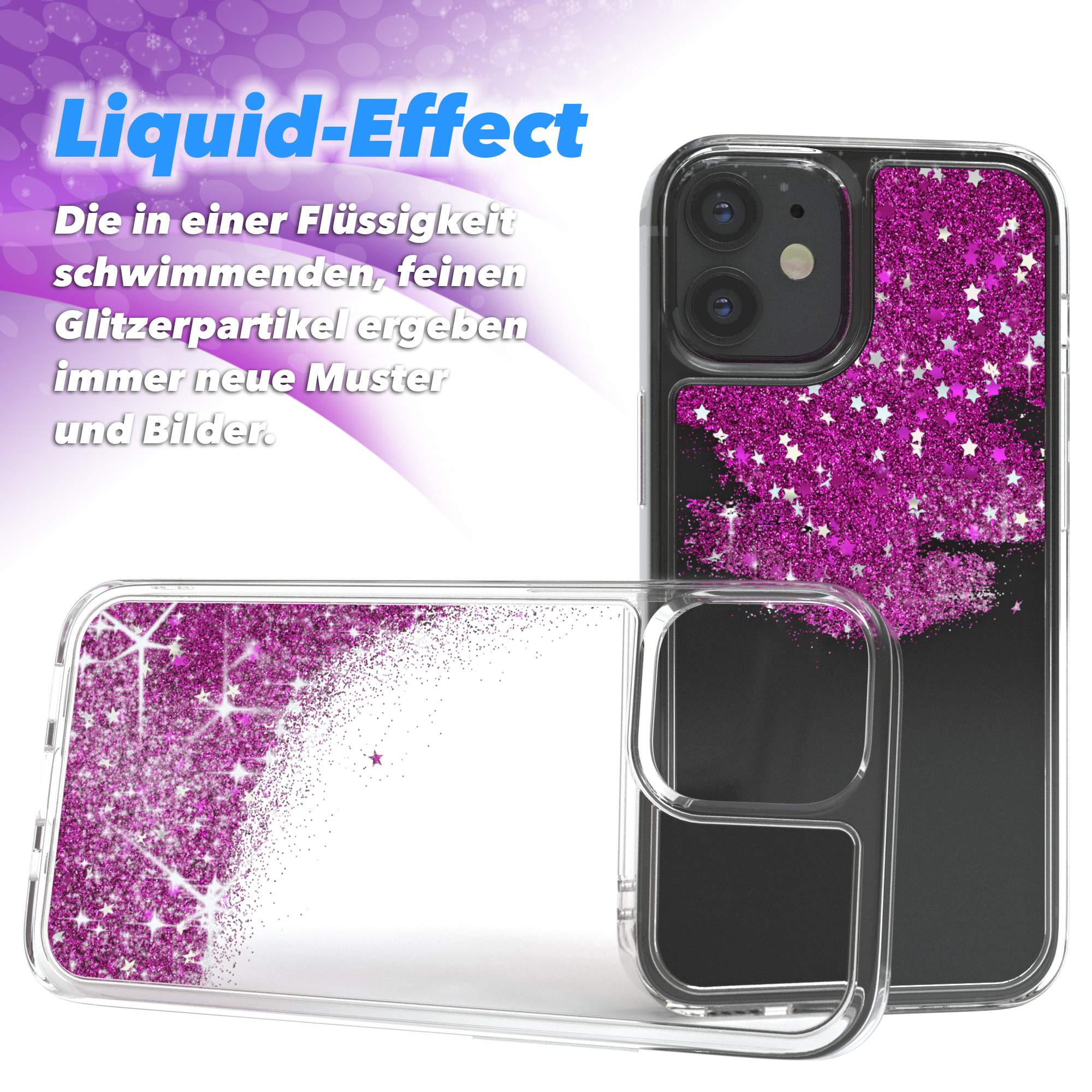 Handyhülle mit Flüssig-Glitzer-Effekt und Sternen. Es liegt auf einer weißen Oberfläche mit deutschem Text.
