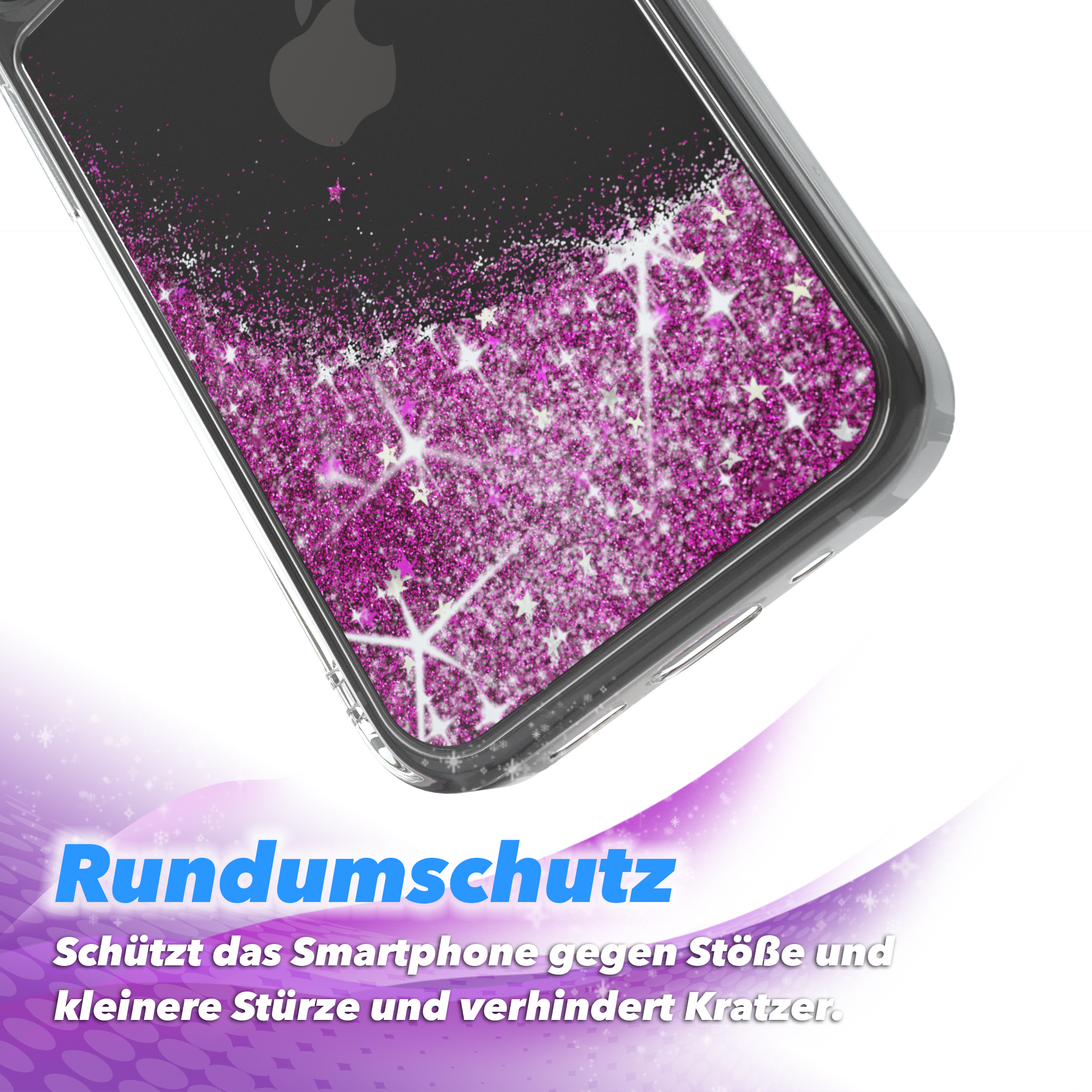 Nahaufnahme einer Handyhülle mit pinkfarbenem Glitzer. Schutzeigenschaften beschrieben.
