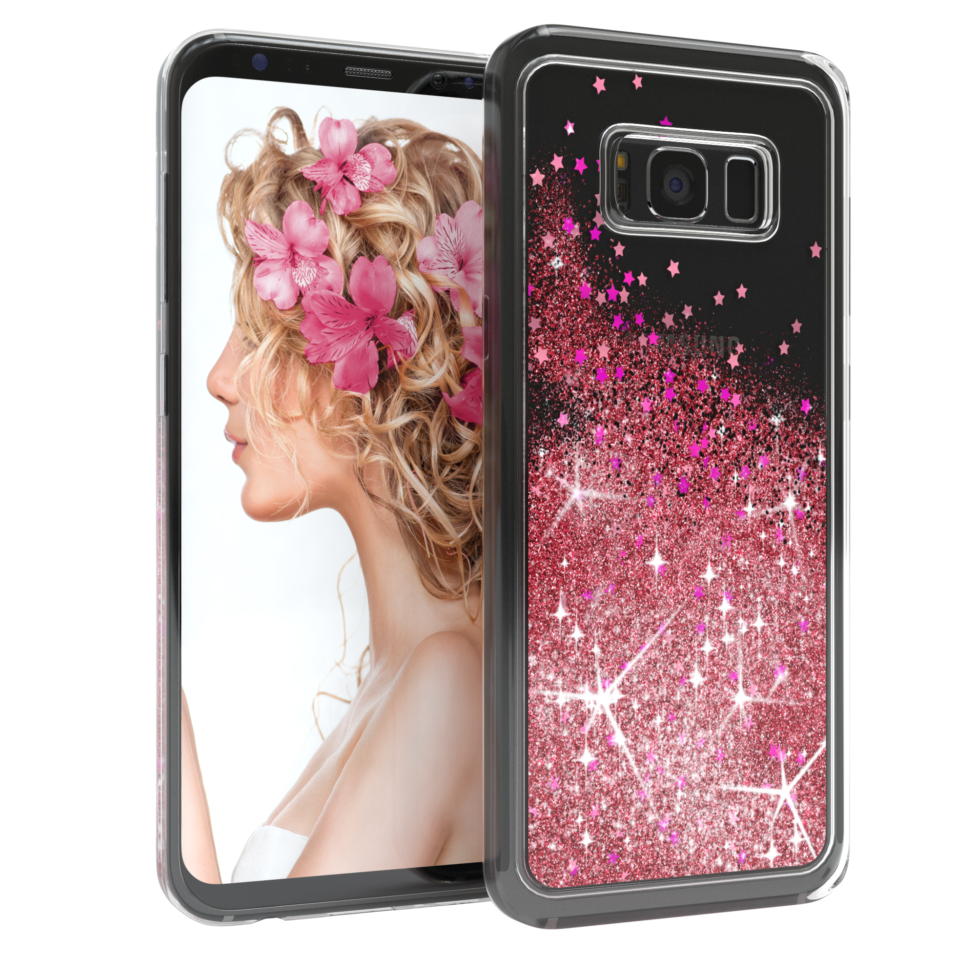 Telefon in Hülle, zeigt Frau mit Blumenkranz. Hülle hat rosa Glitzer.