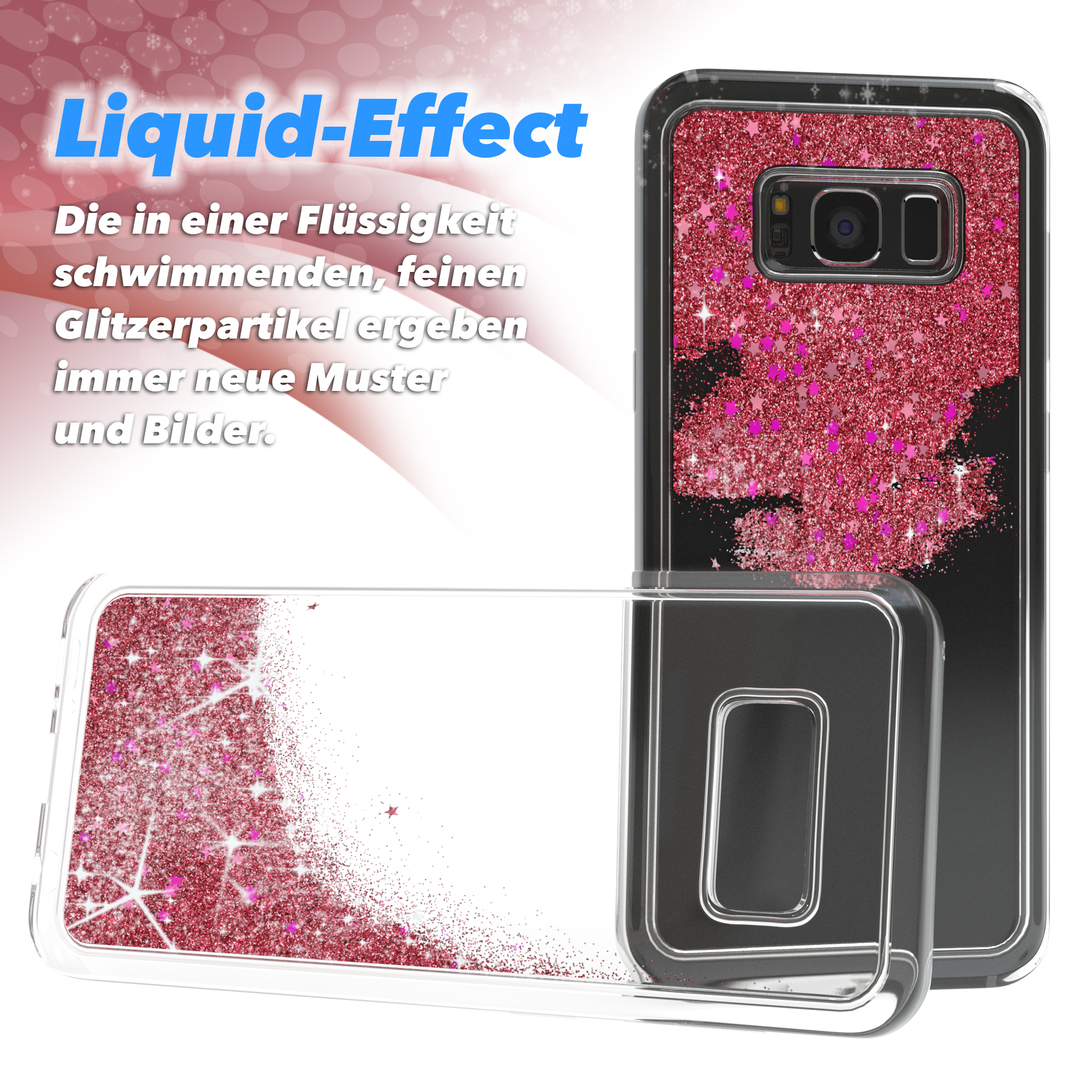 Handyhülle mit rotem Glitzer, mit Nahaufnahme, die Liquid-Effekt-Funktionen zeigt.