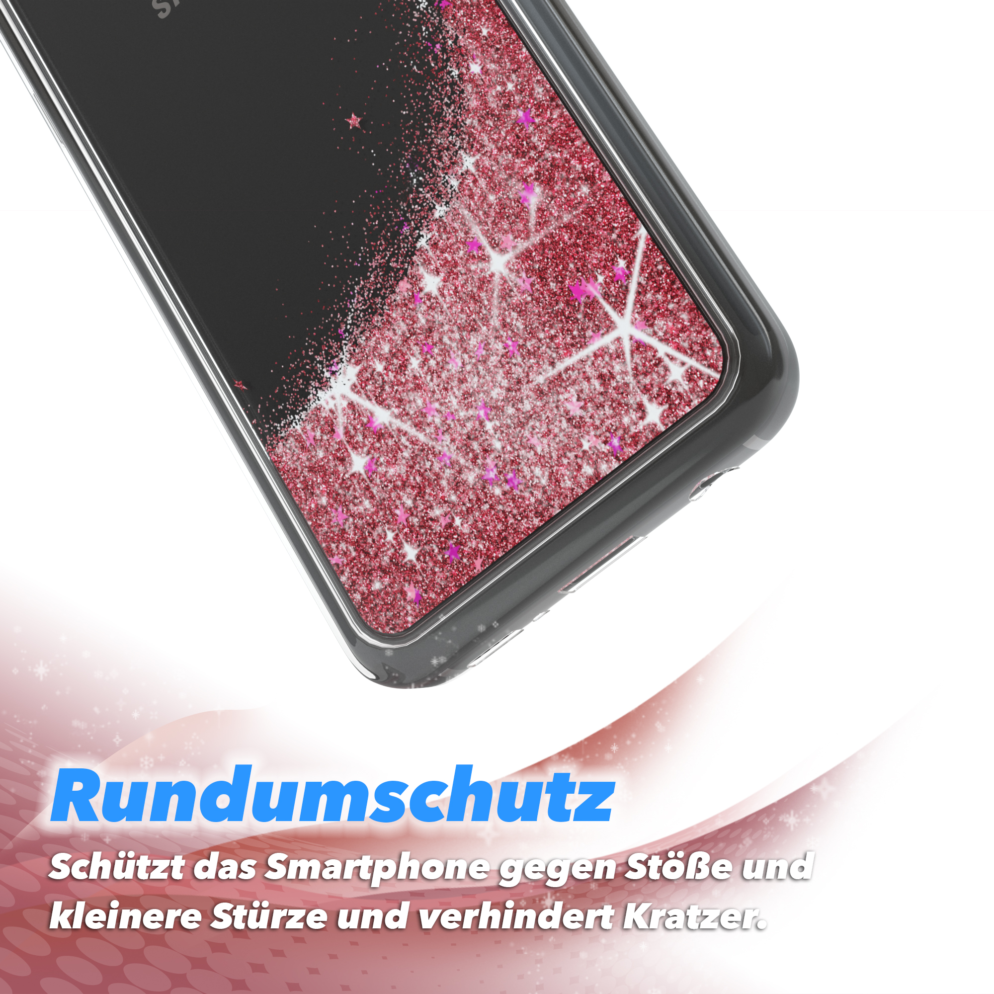 Eine Handyhülle mit rosa Glitzereffekt. Die Hülle wird mit einem weißen und rosa Hintergrund gezeigt.
