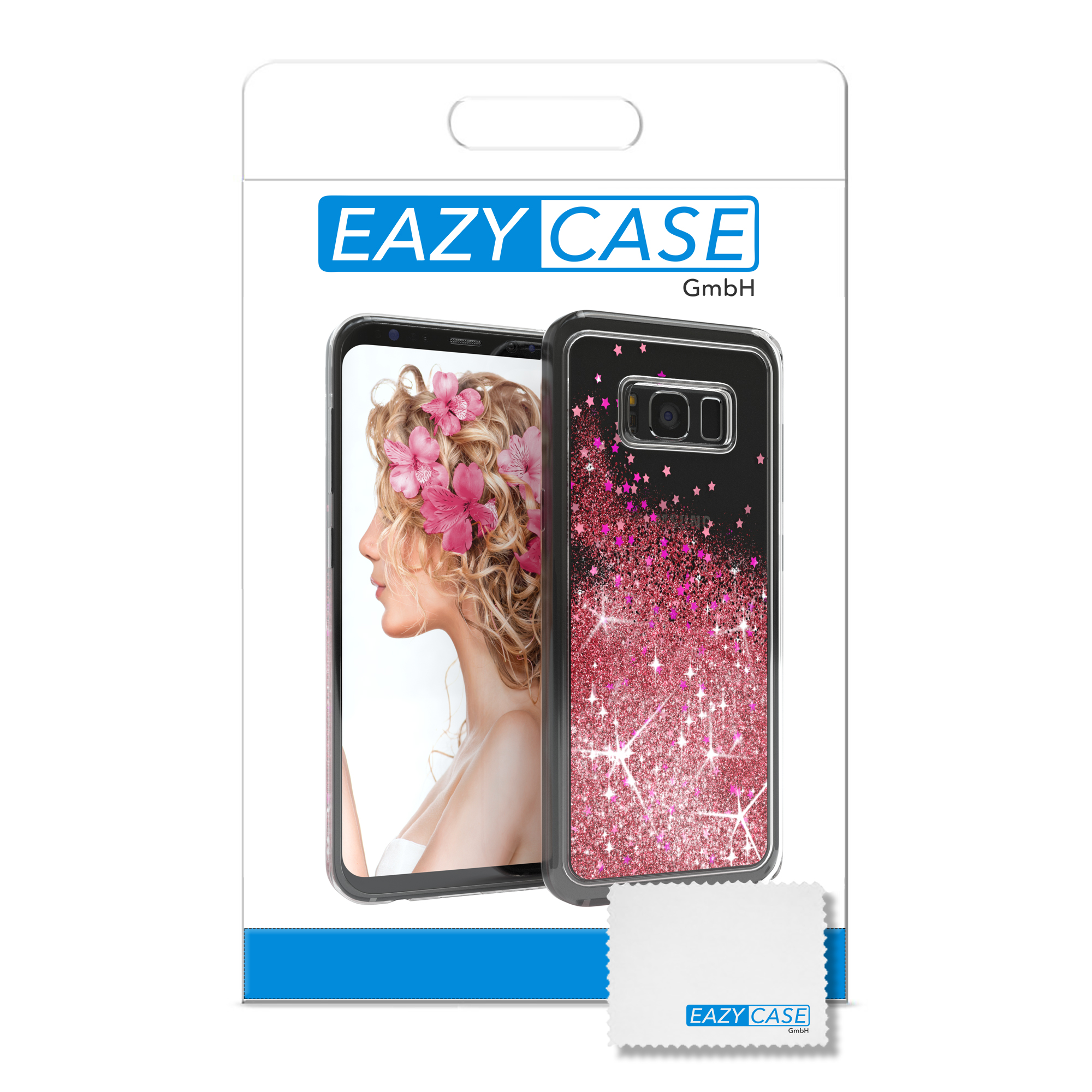 Handyhüllenverpackung. Telefon mit Frau mit rosa Blumen auf dem Kopf. Hülle mit rosa Glitzer.