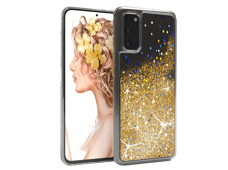 Samsung, S20, Glitzerhülle Galaxy Flüssig, Gold EAZY CASE Backcover,