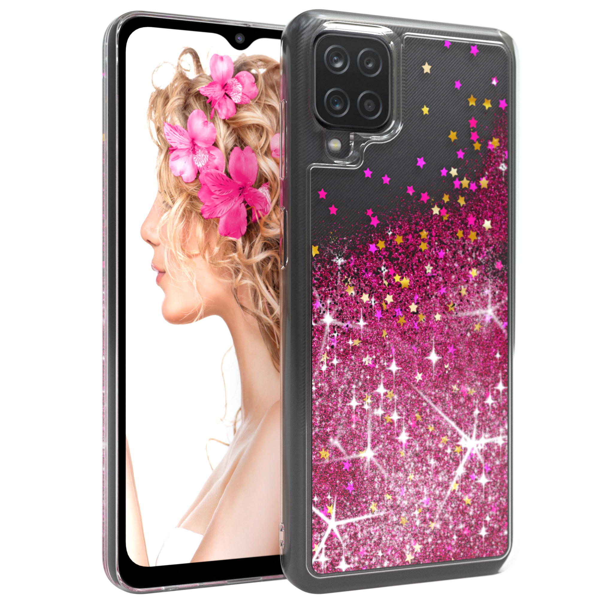 Handyhülle mit Frau und Blumen. Glitzerhintergrund mit rosa und goldenen Sternen. Weißer Rücken.
