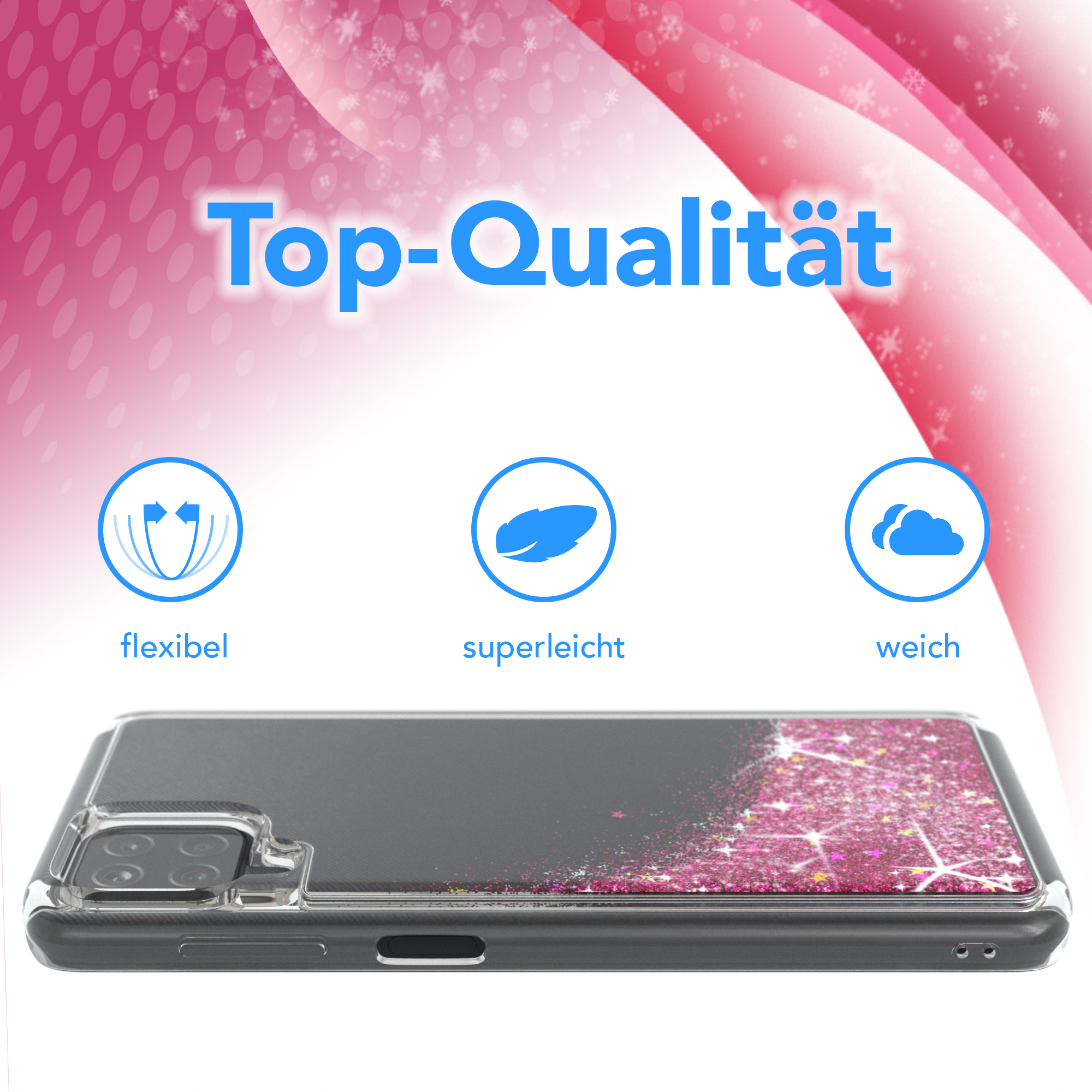 Handyhülle mit rosa Glitzer. Der Hintergrund ist rosa. Die Hülle ist transparent.