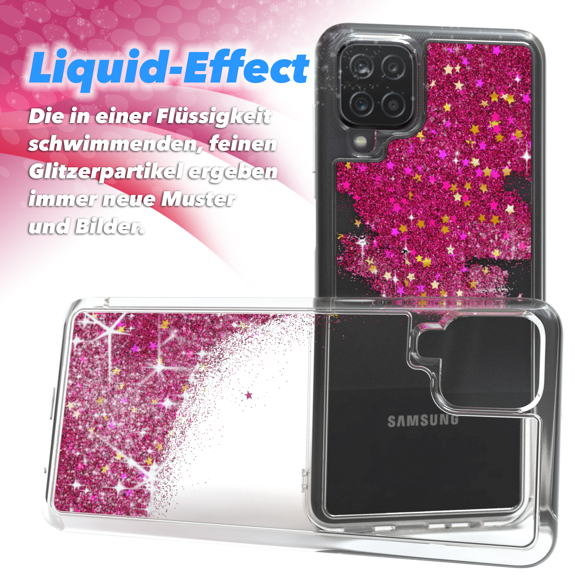Handyhülle mit rosa Glitzer und Sternen. Text oben links. Samsung Telefon.
