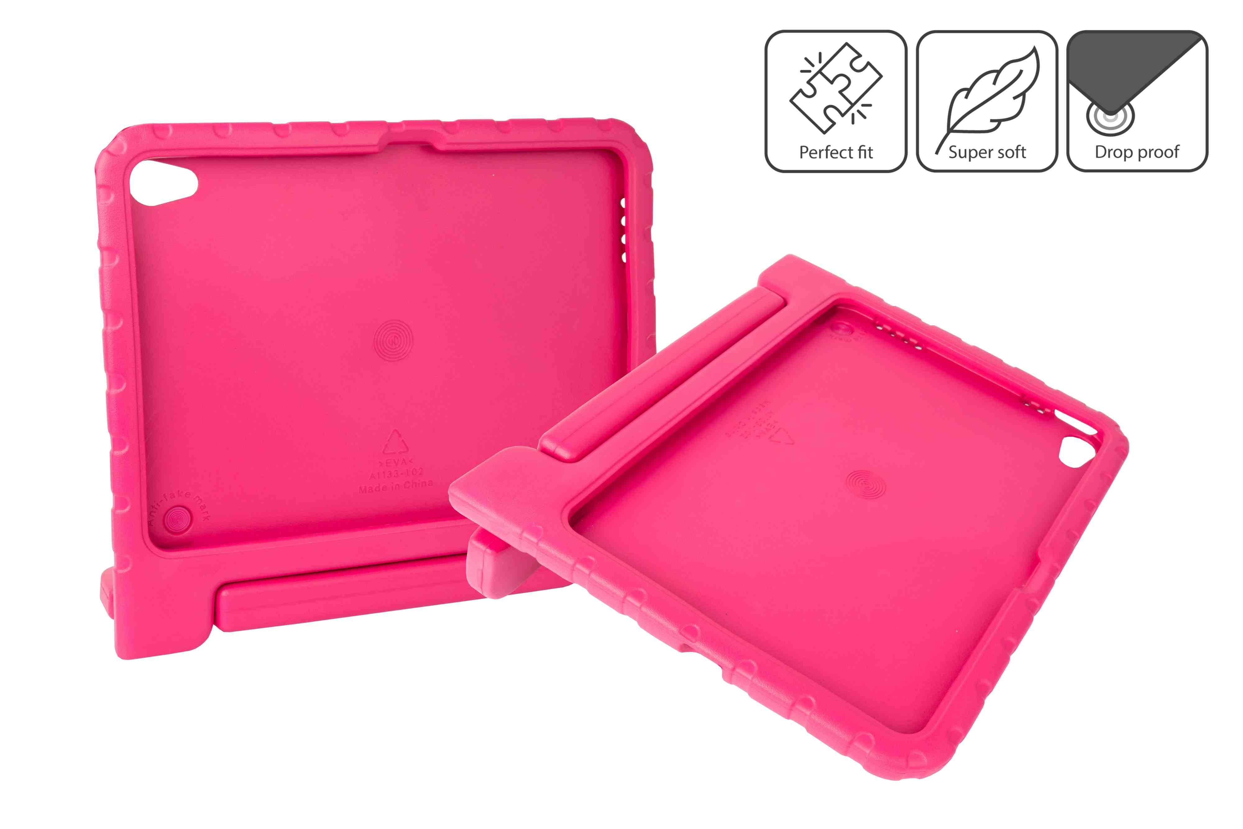 Zwei pinkfarbene Tablet-Hüllen. Text: Perfekte Passform, Superweich, Sturzsicher.