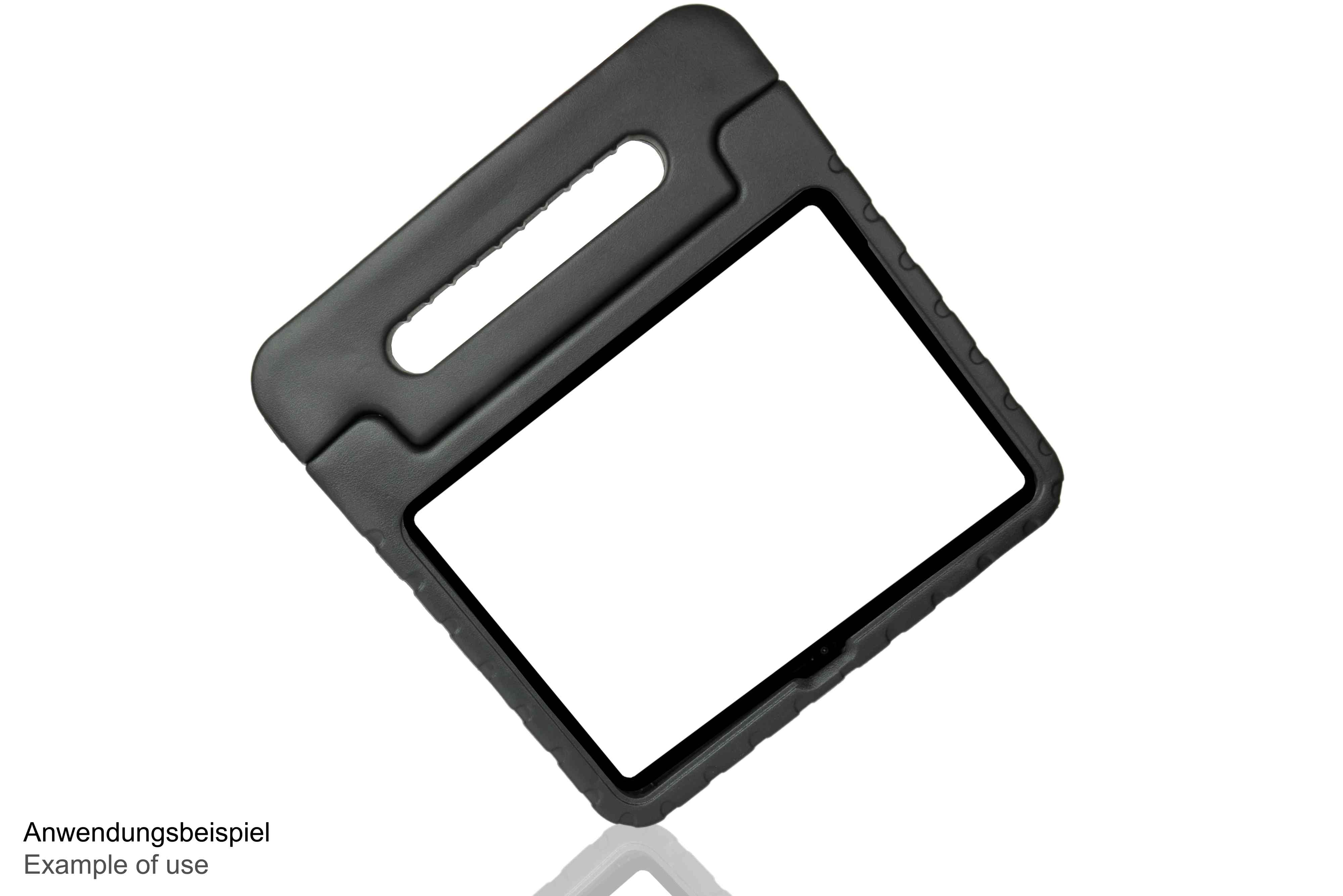 Schwarze Tablethülle mit Griff. Die Innenseite ist weiß, was die Platzierung des Tablets zeigt.