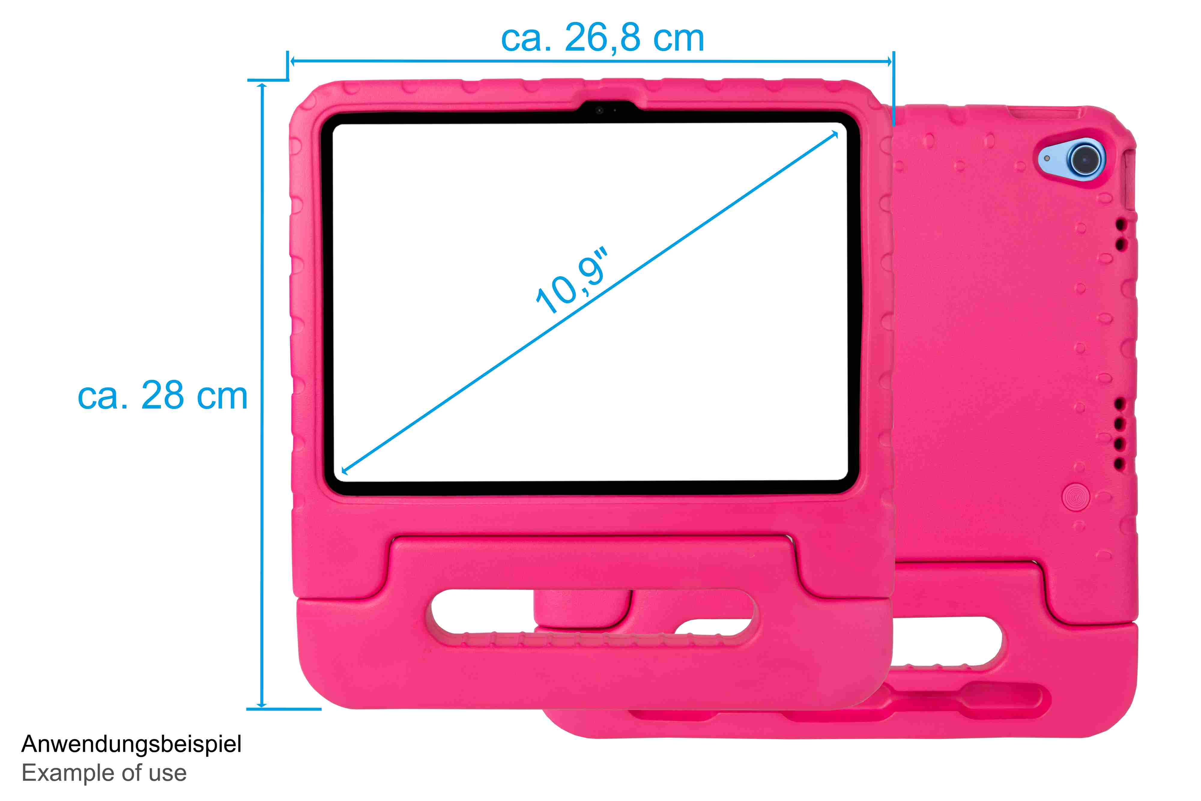 Rosa Tablethülle mit einem Tablet darin. Abmessungen sind mit einem blauen Pfeil dargestellt.
