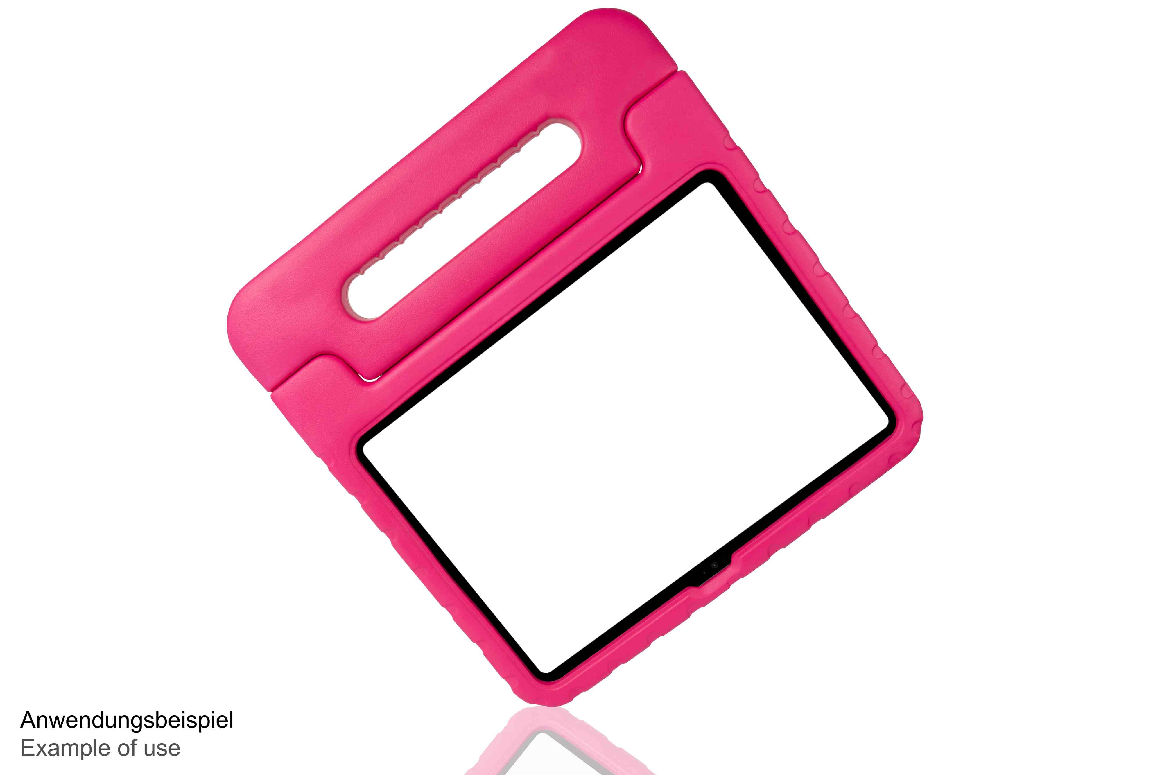 Pinke Tablethülle mit Griff, weißem Bildschirm und pinken Rändern.