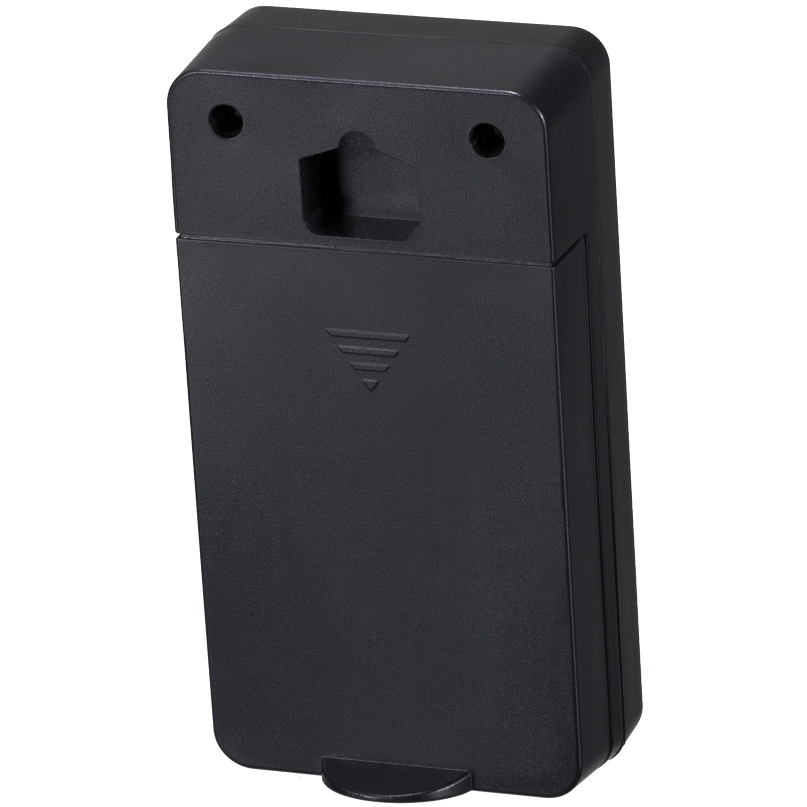 Un dispositivo negro, rectangular con dos agujeros en la parte superior y un soporte en la parte inferior, visto desde atrás.