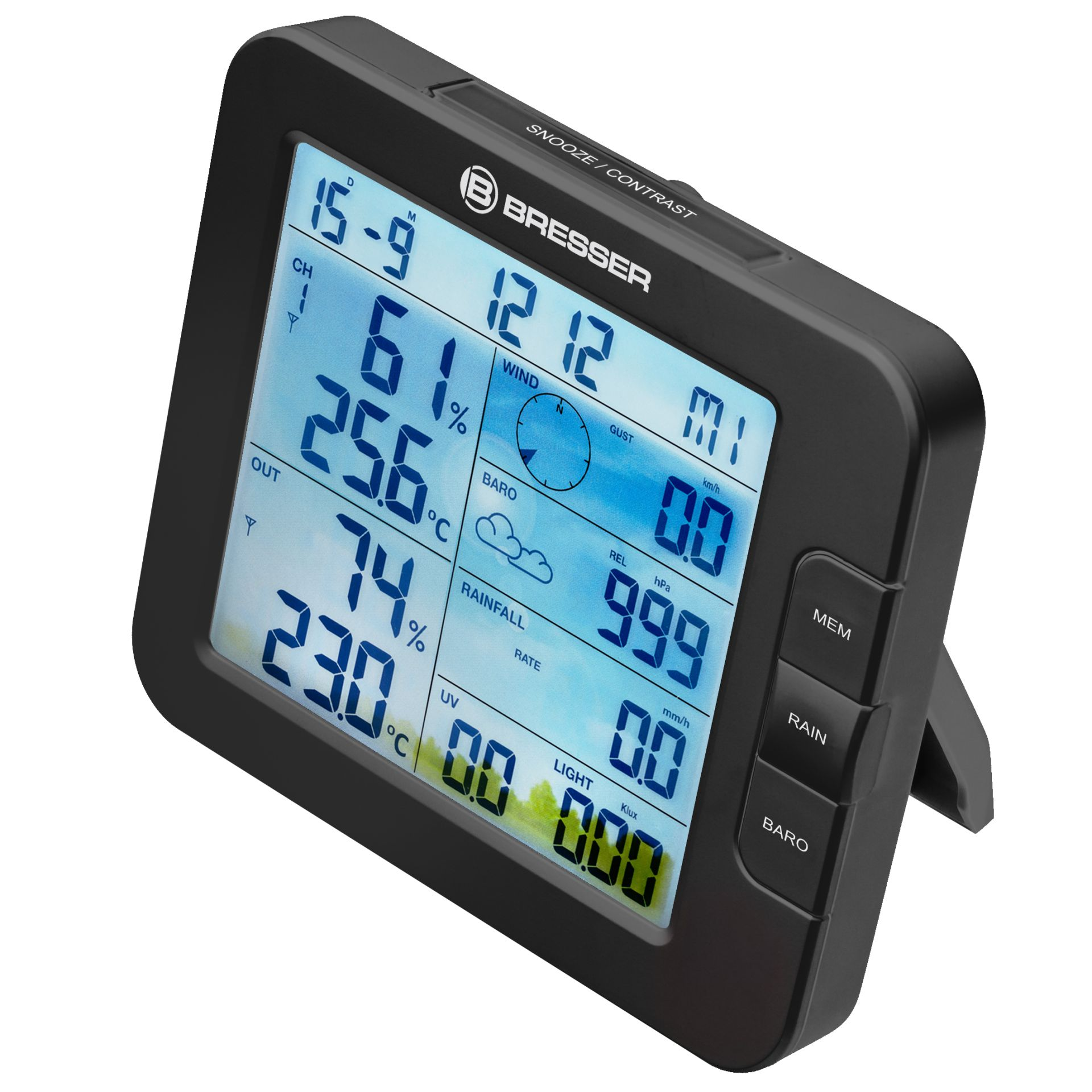 Schwarze Wetterstation mit Anzeige von Temperatur, Wind und barometrischem Druck.