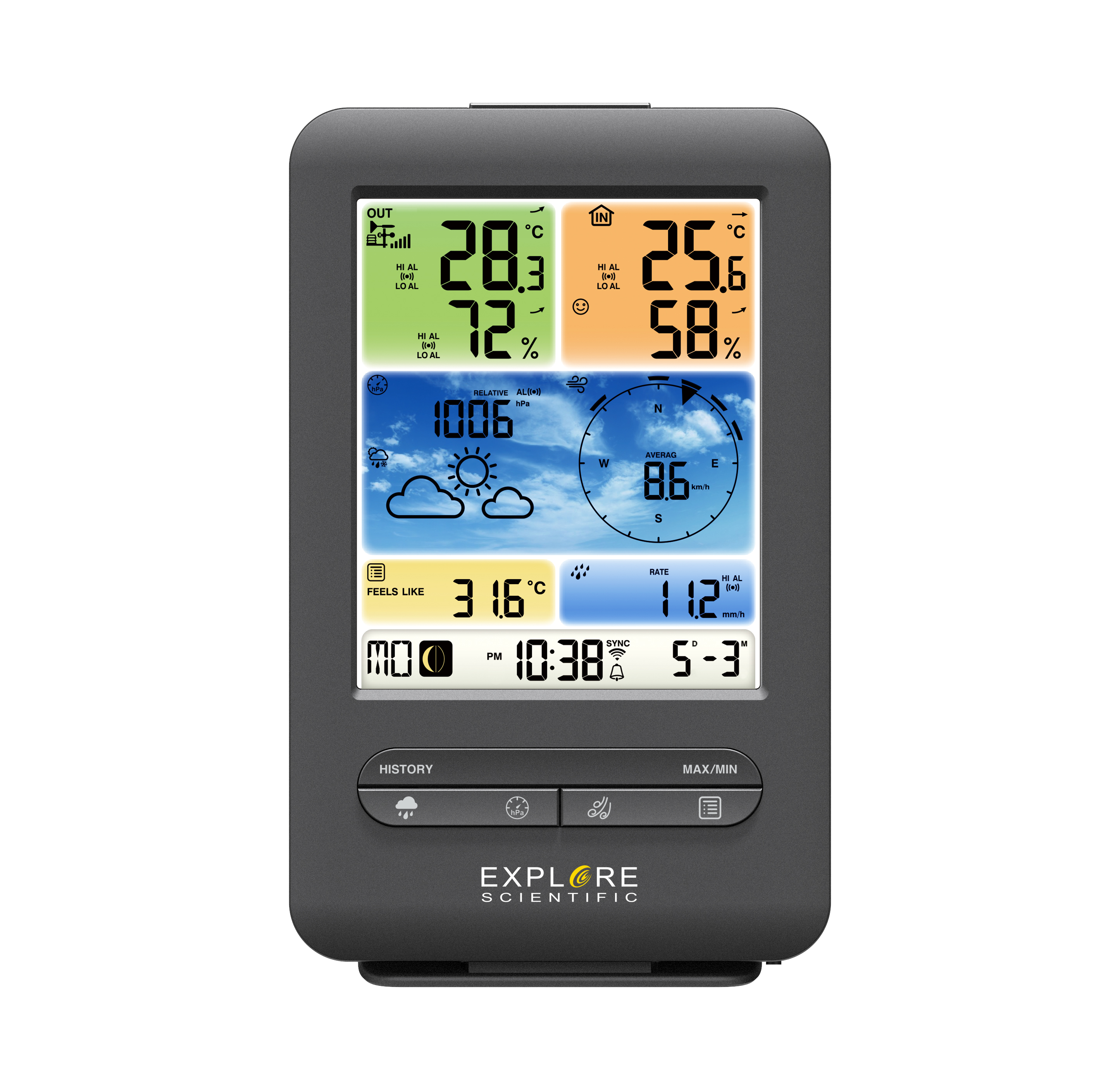 Digitale Wetterstation mit Wetterdaten. Dunkelgraue Farbe. Weißer Hintergrund.