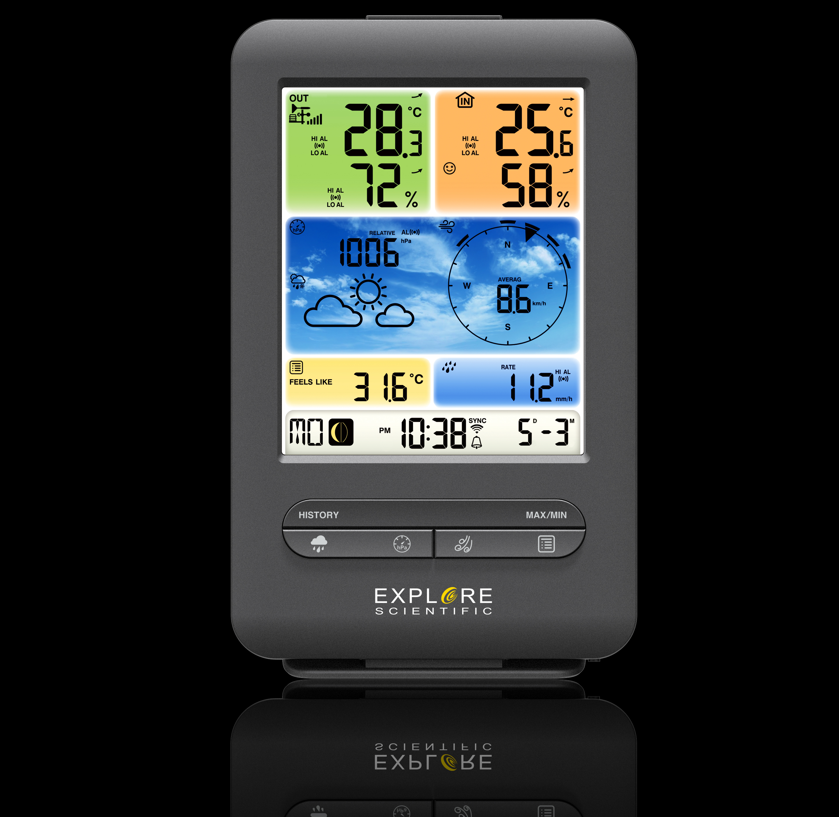 Schwarze Wetterstation mit Temperatur, Luftfeuchtigkeit und Wettervorhersage auf dunklem Hintergrund.